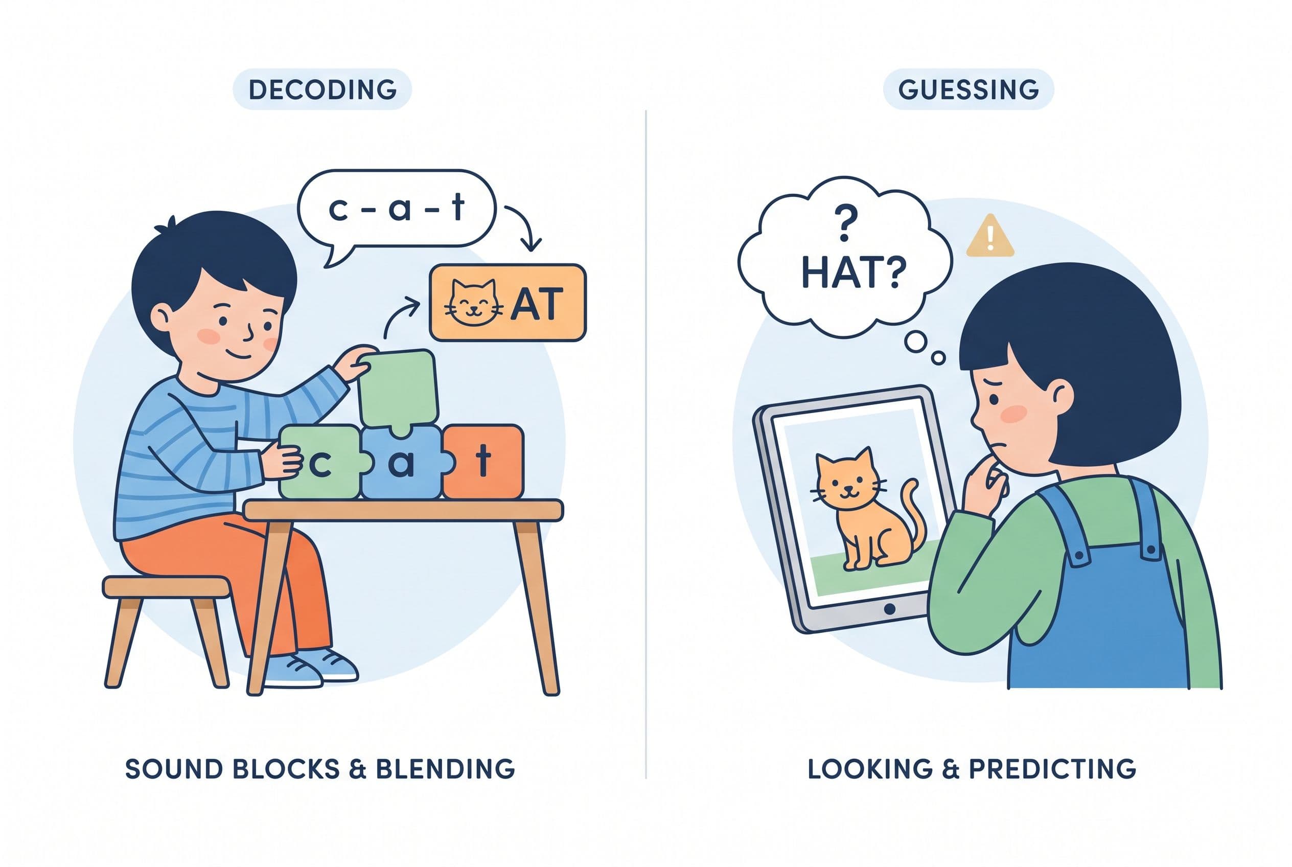 A clean editorial illustration showing the difference between decoding and guessing. On the left, a child figure uses colorfu