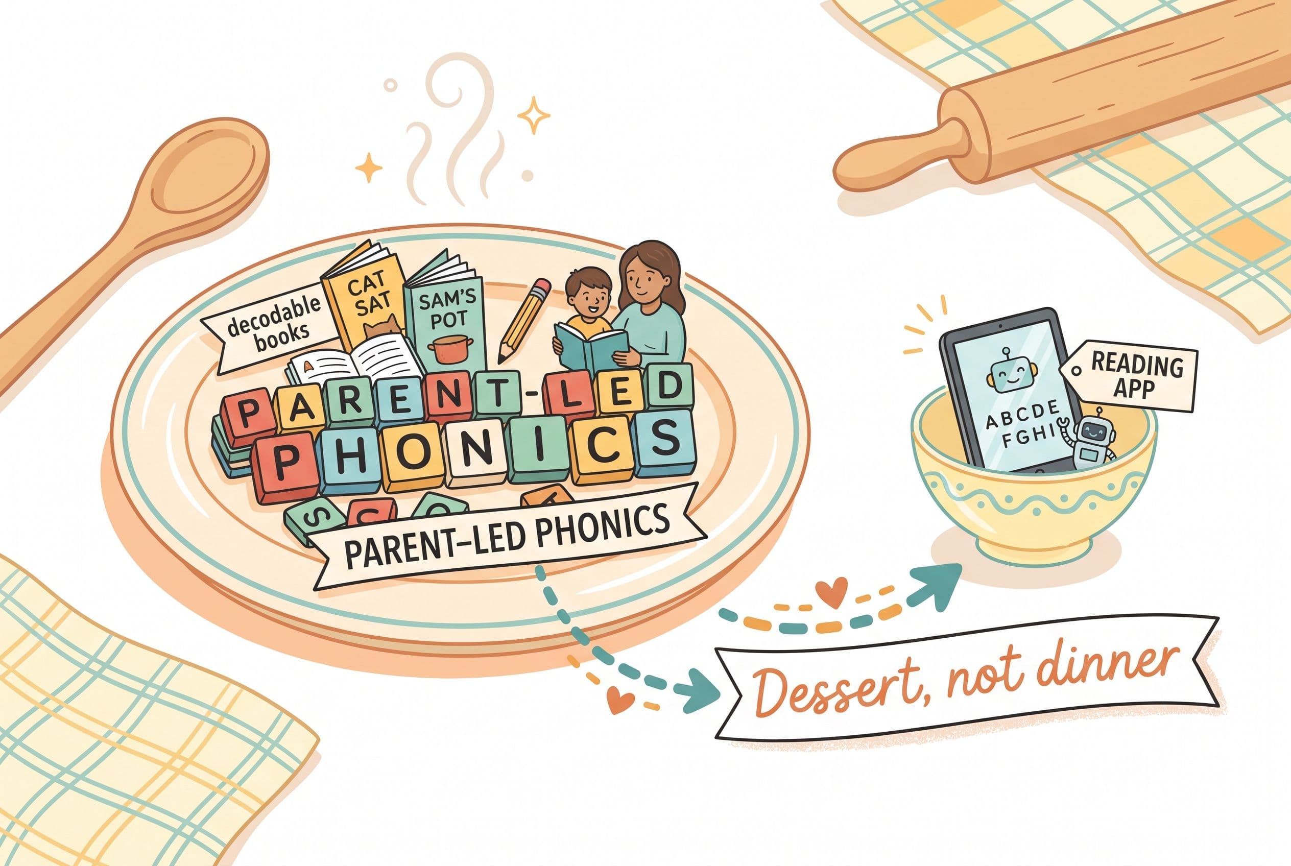 A clean, friendly editorial illustration showing the concept of 'app as supplement, not main course.' A dinner plate in the c