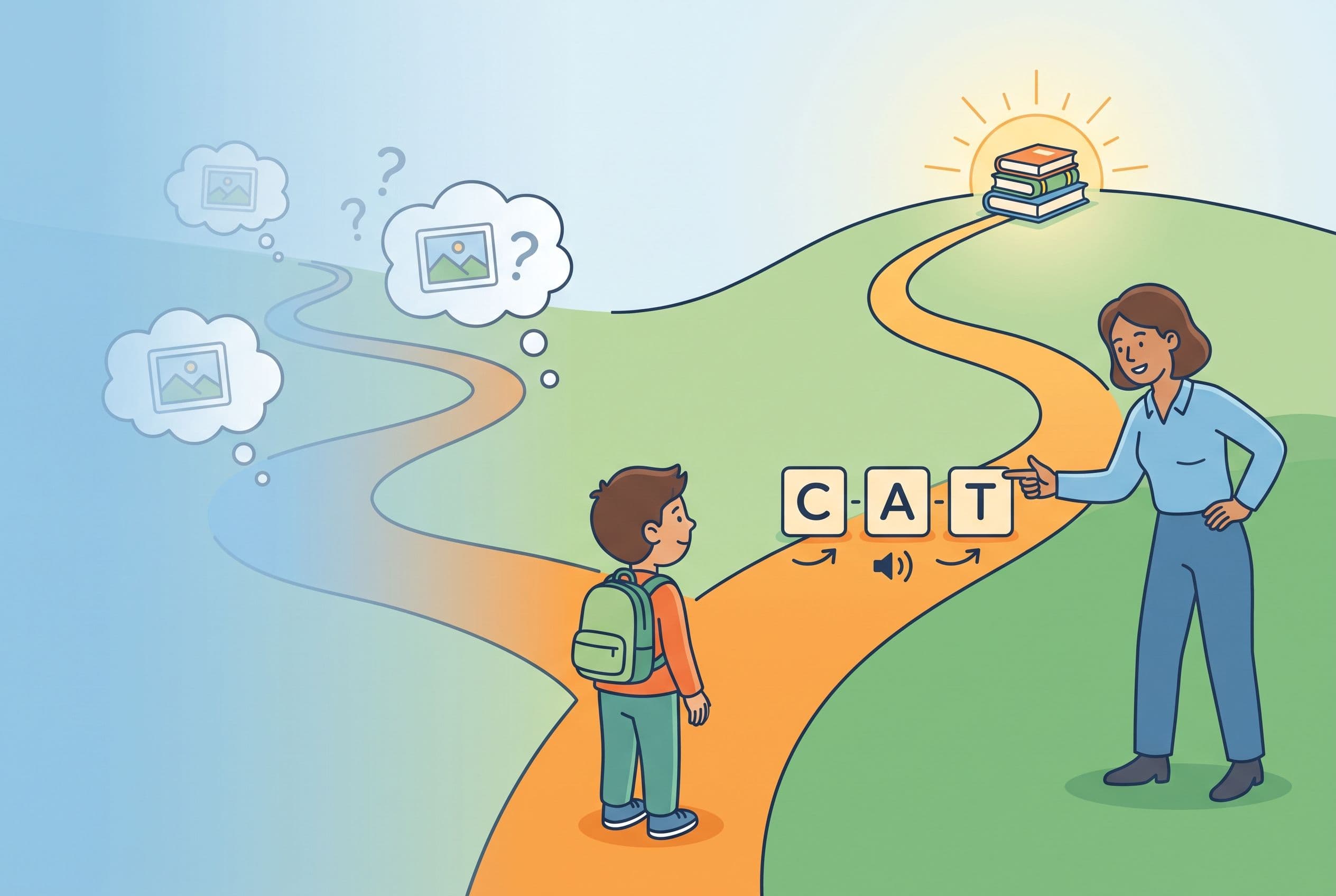 A clean editorial illustration showing a child choosing between two paths: one path has picture clues and guessing bubbles fa