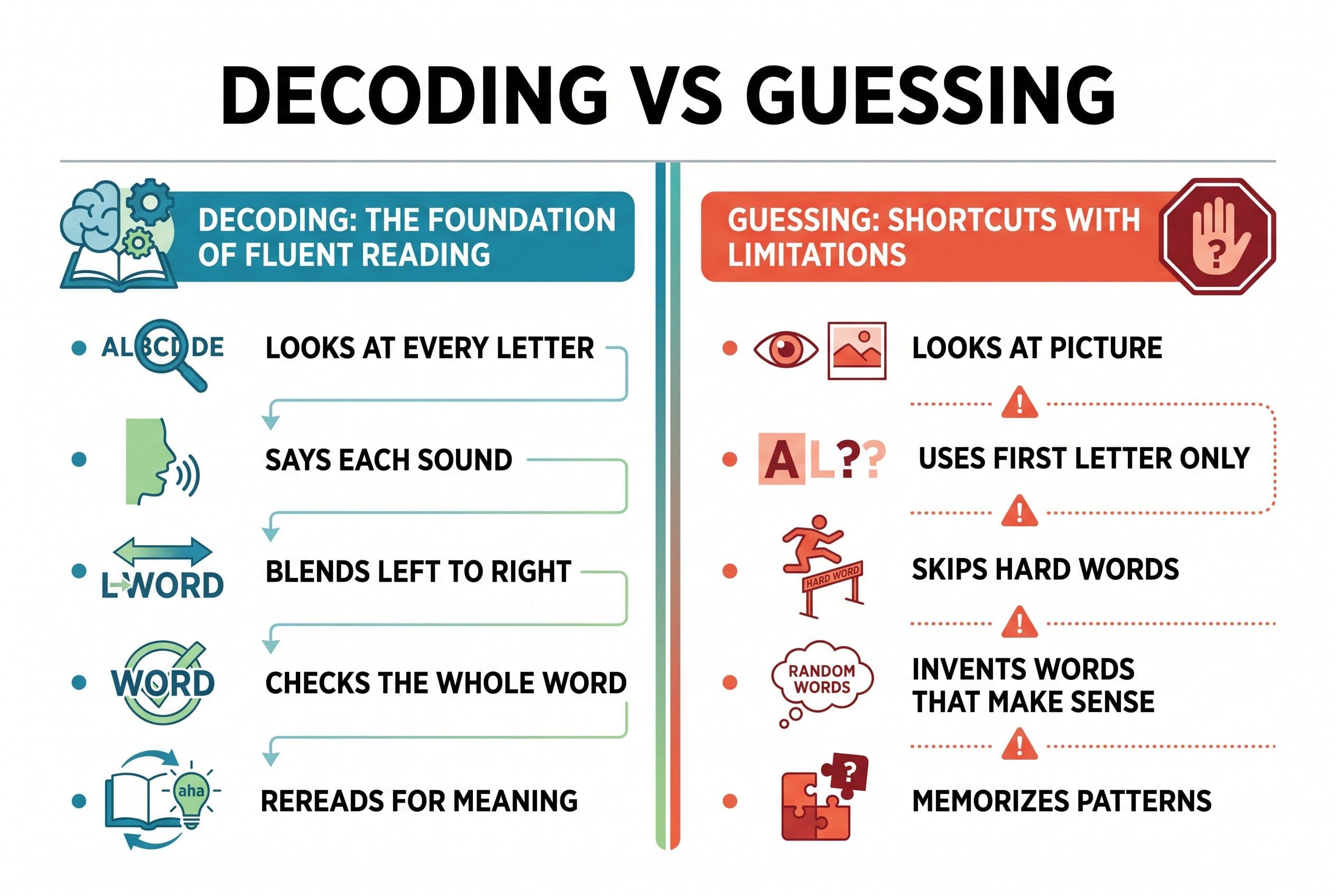 A clean side-by-side comparison chart titled 'Decoding vs Guessing' with two columns. The decoding column lists: looks at eve