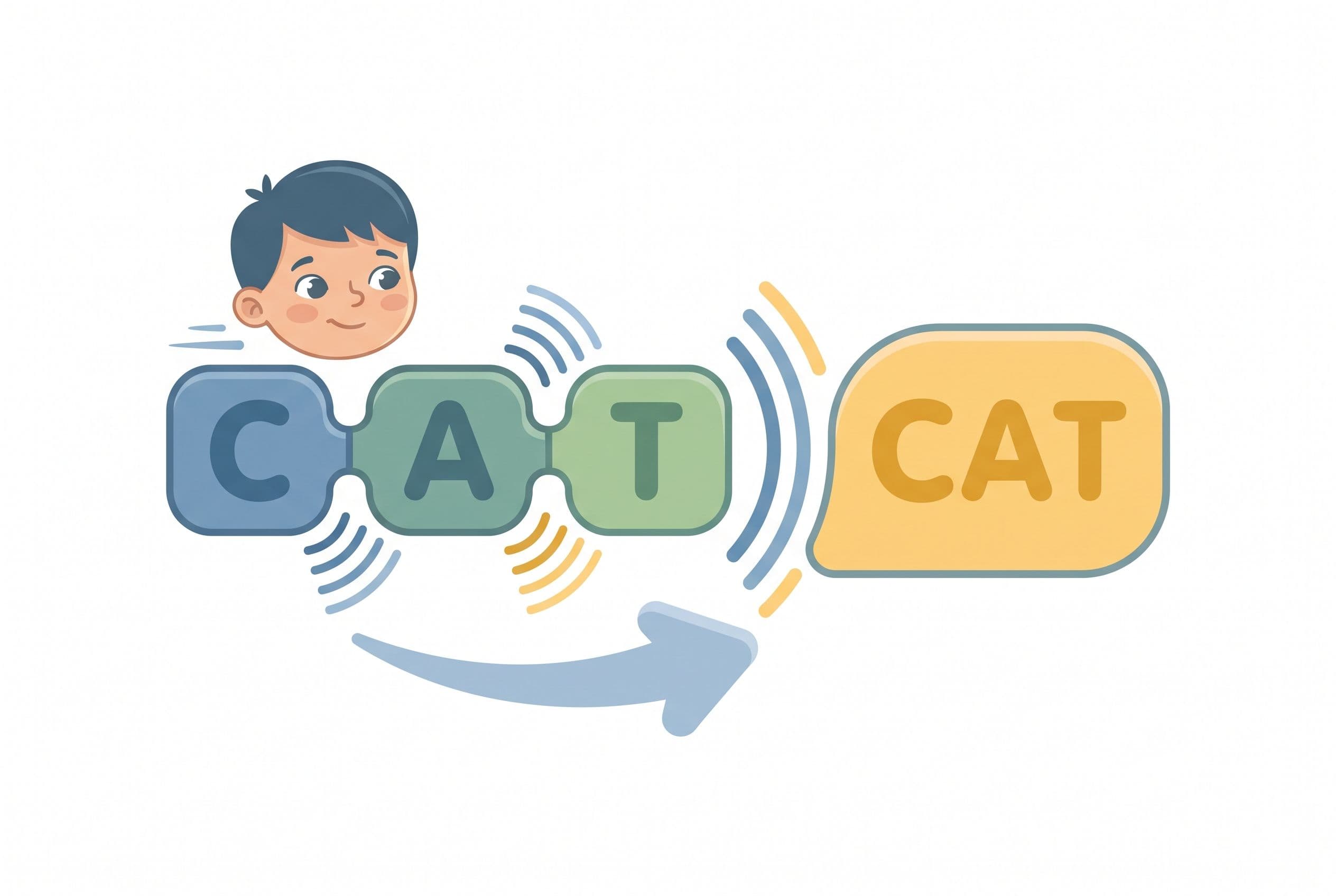 A clean editorial illustration showing a child’s eyes moving across letter blocks from left to right to sound out a word. The