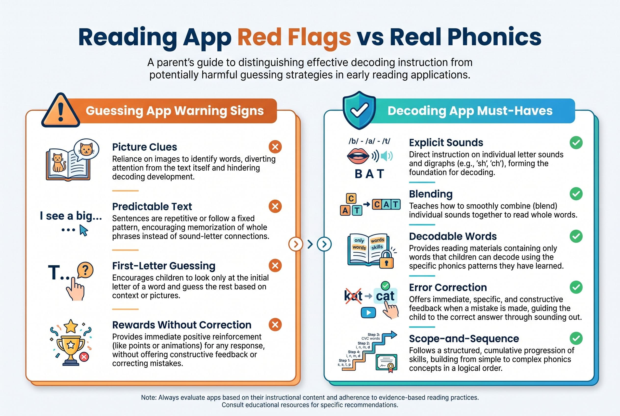 A clean comparison chart titled 'Reading App Red Flags vs Real Phonics' with two columns: 'Guessing App Warning Signs' and 'D