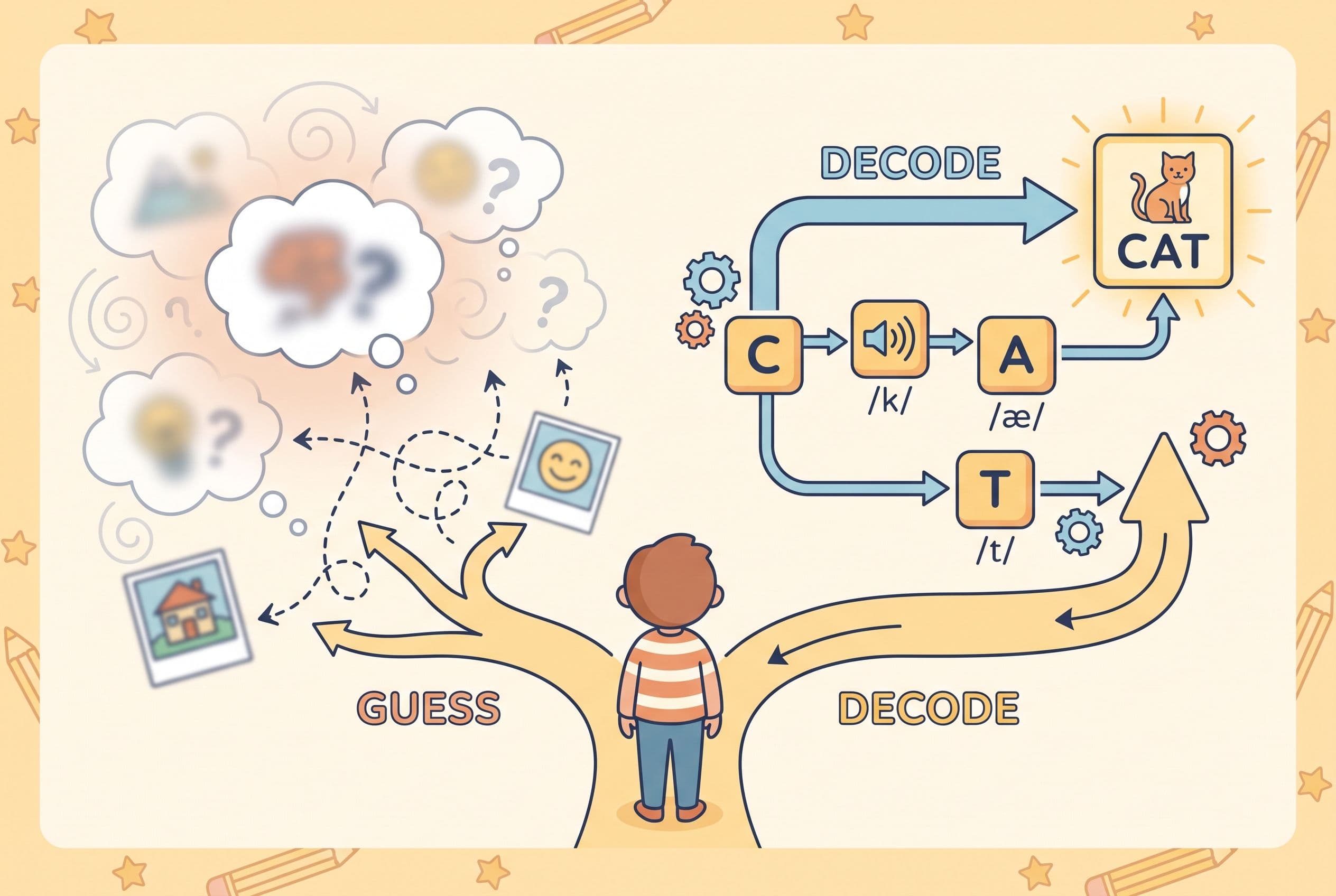 A clean editorial illustration showing a child choosing between two paths: one path has picture clues and guess bubbles fadin