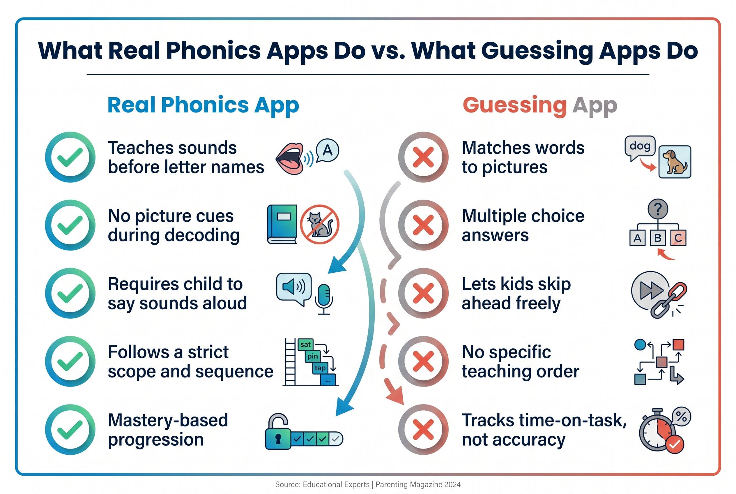 A clean, modern comparison chart titled 'What Real Phonics Apps Do vs. What Guessing Apps Do.' Two columns side by side. Left