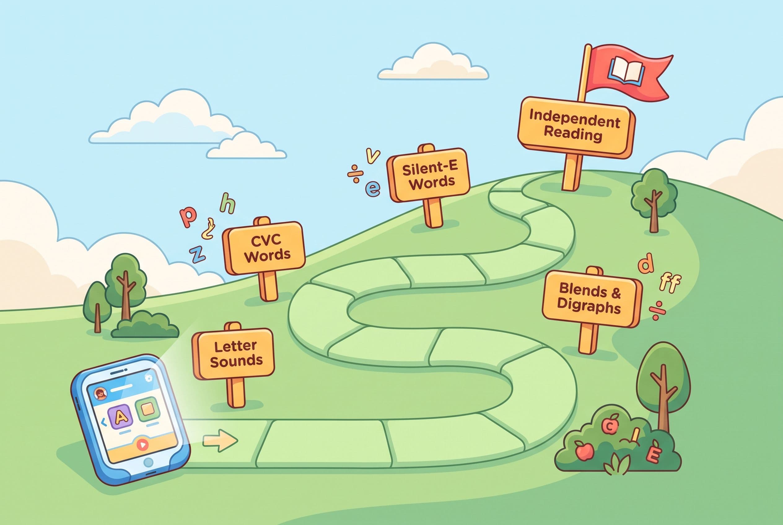 A friendly, clean editorial illustration showing a winding path going up a gentle hill, representing a kindergartner's phonic