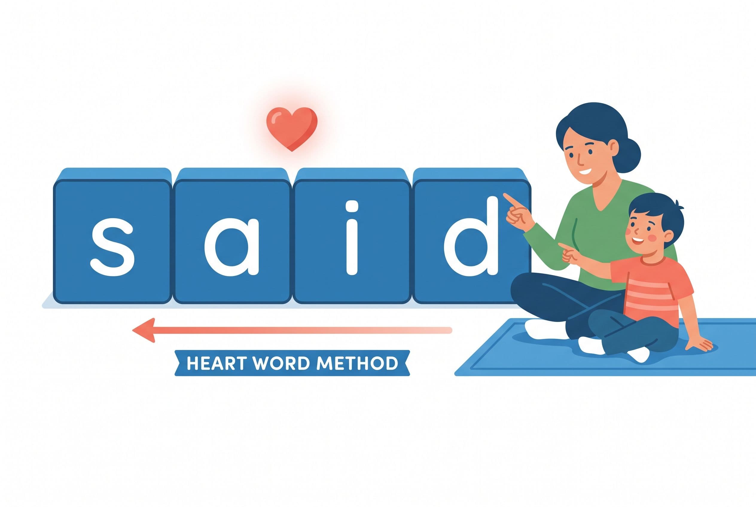 A clean editorial illustration showing the heart word method using the word 'said' broken into sound boxes. The regular lette