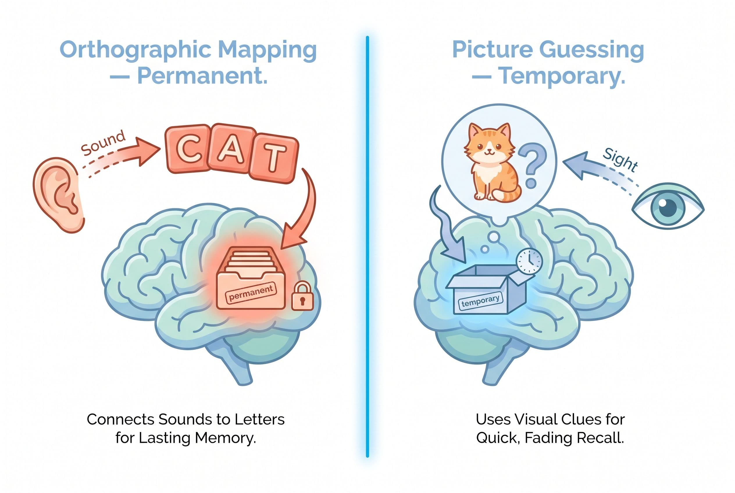 A clean editorial illustration showing the concept of orthographic mapping vs. picture guessing. On the left side, an illustr