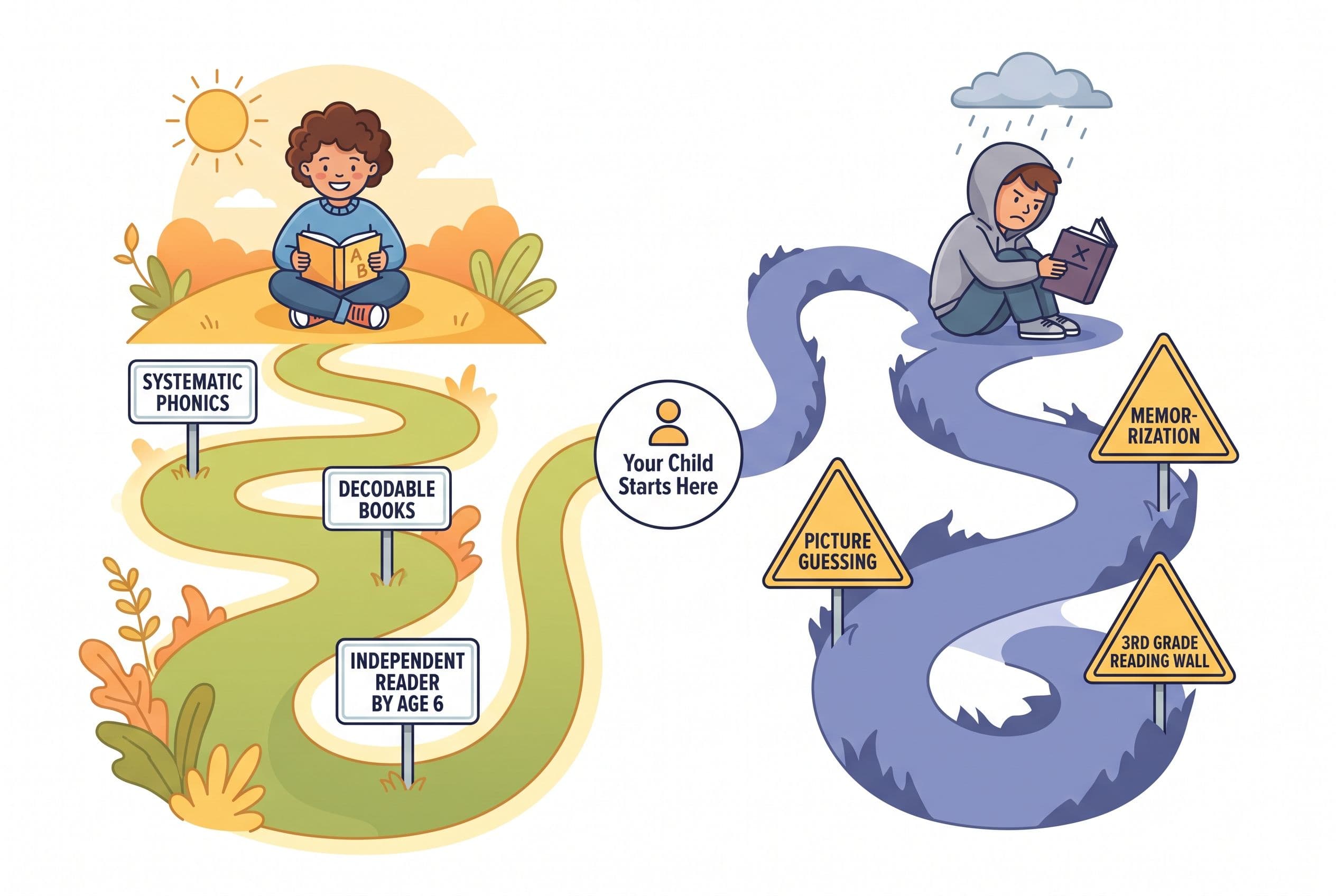 A clean editorial illustration showing two diverging paths from a single starting point labeled 'Your Child Starts Here.' The