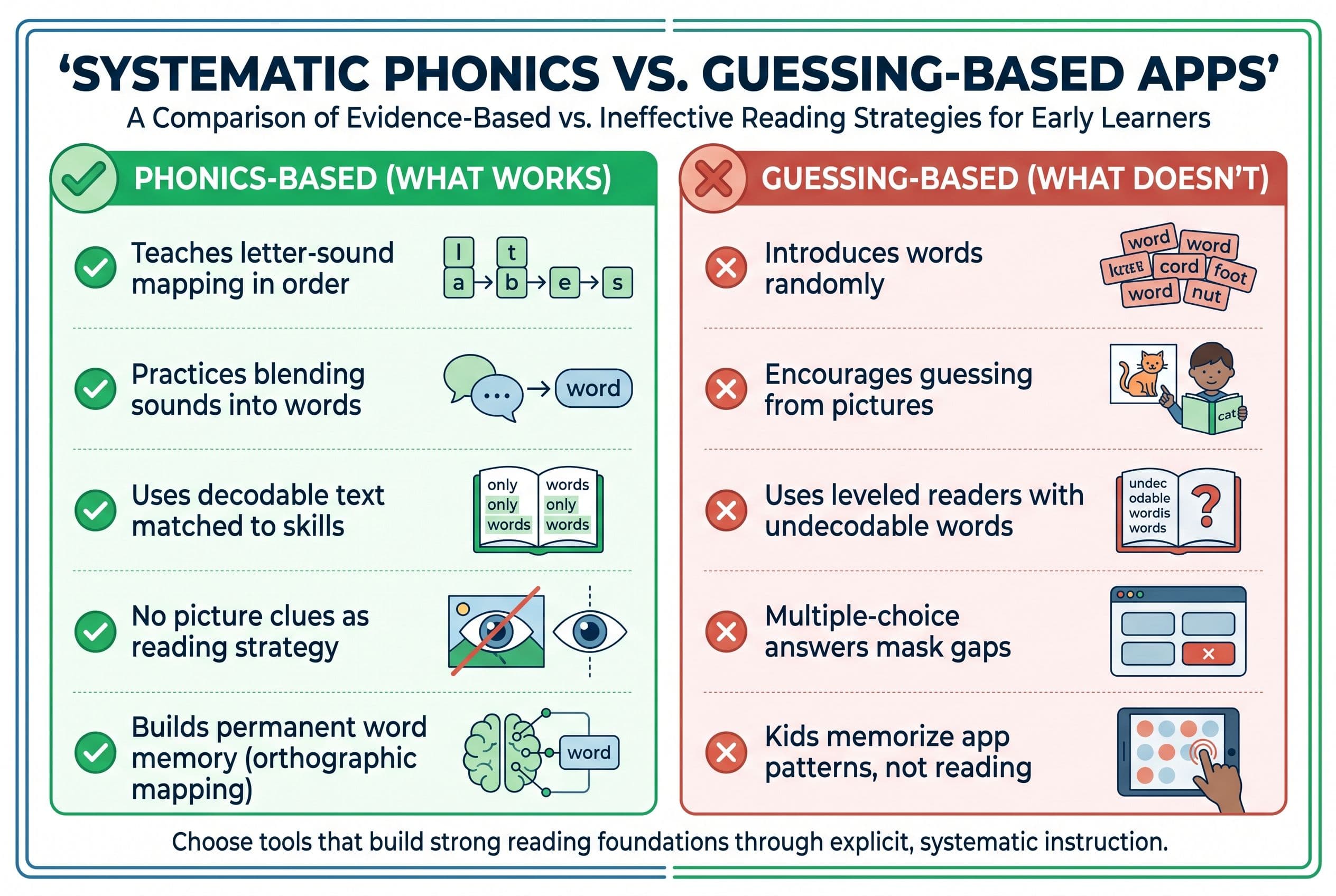 A clean, modern side-by-side comparison chart titled 'Systematic Phonics vs. Guessing-Based Apps' with two columns. The left