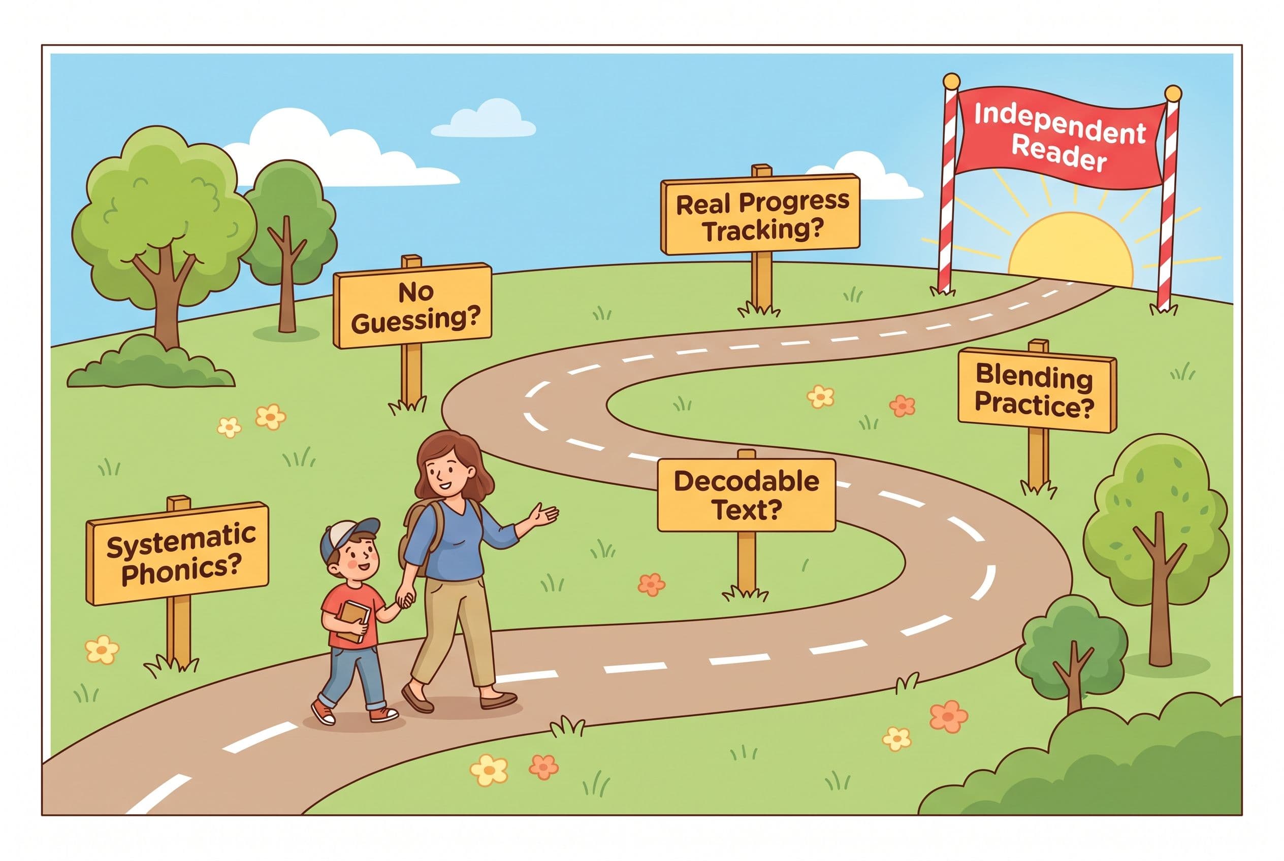 A friendly, clean editorial illustration showing a winding path styled as an open road with five signposts, each representing