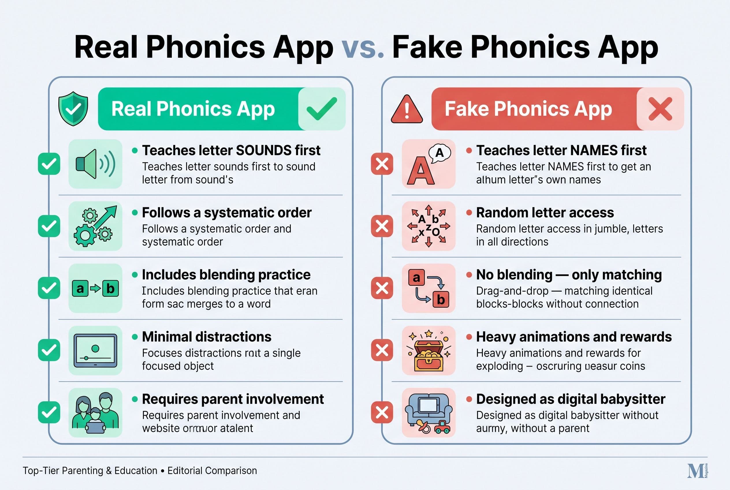A clean, vertical comparison chart titled 'Real Phonics App vs. Fake Phonics App' with two columns. Left column (green checkm