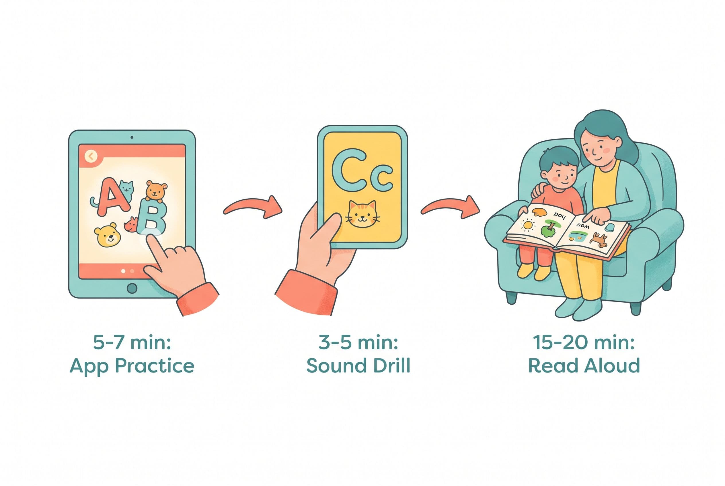 A friendly editorial illustration showing a daily phonics routine as a simple horizontal timeline with three icons and labels