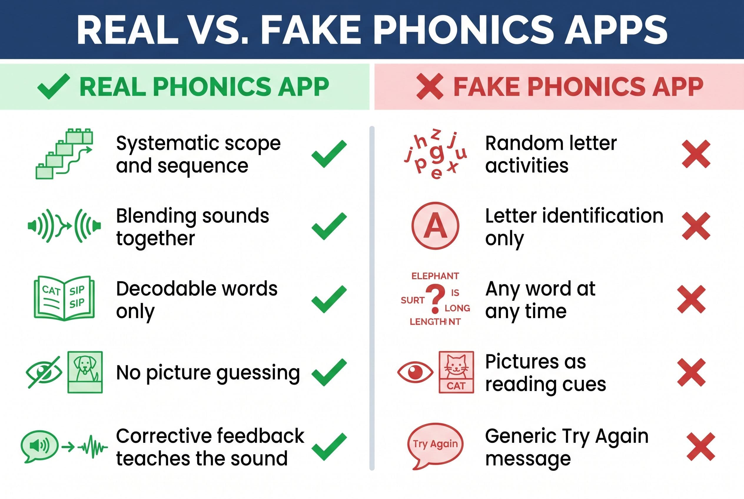 A clean, modern side-by-side comparison chart titled at the top with two columns: 'Real Phonics App' on the left with green c