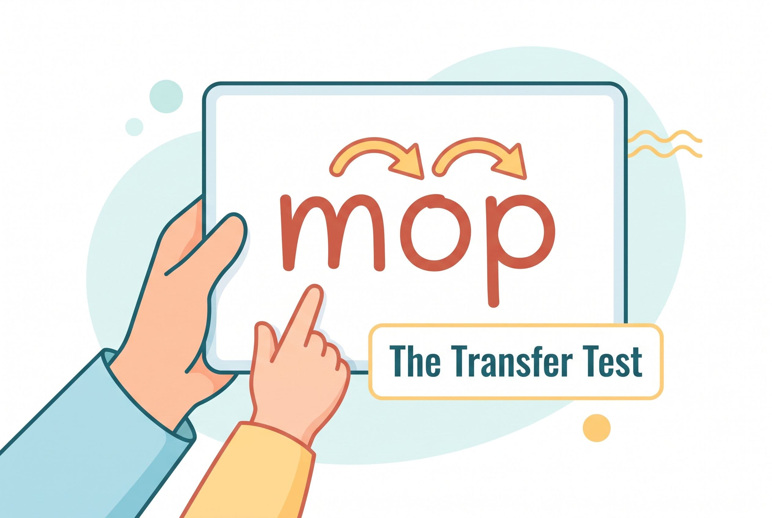 A clean, friendly editorial illustration showing a visual 'phonics app test' concept. An illustrated parent hand holds a simp