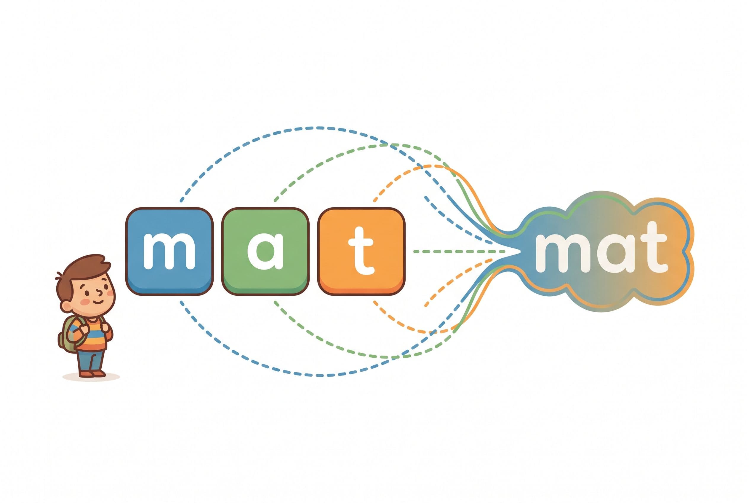 A clean editorial illustration showing how letter sounds build into a word. Three colorful letter tiles display m-a-t, with s