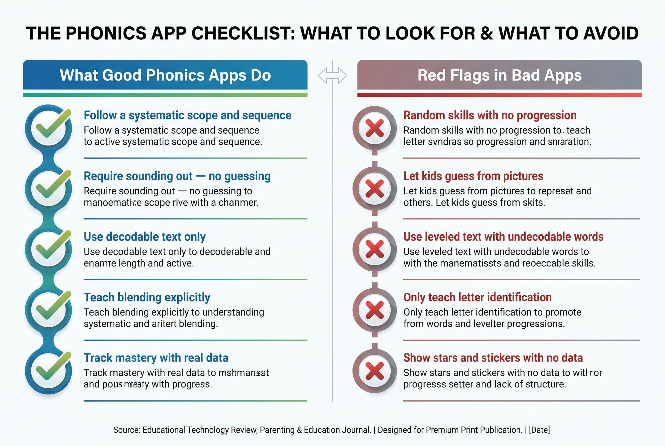 A clean, vertical comparison chart titled at the top with two columns: 'What Good Phonics Apps Do' on the left with green che