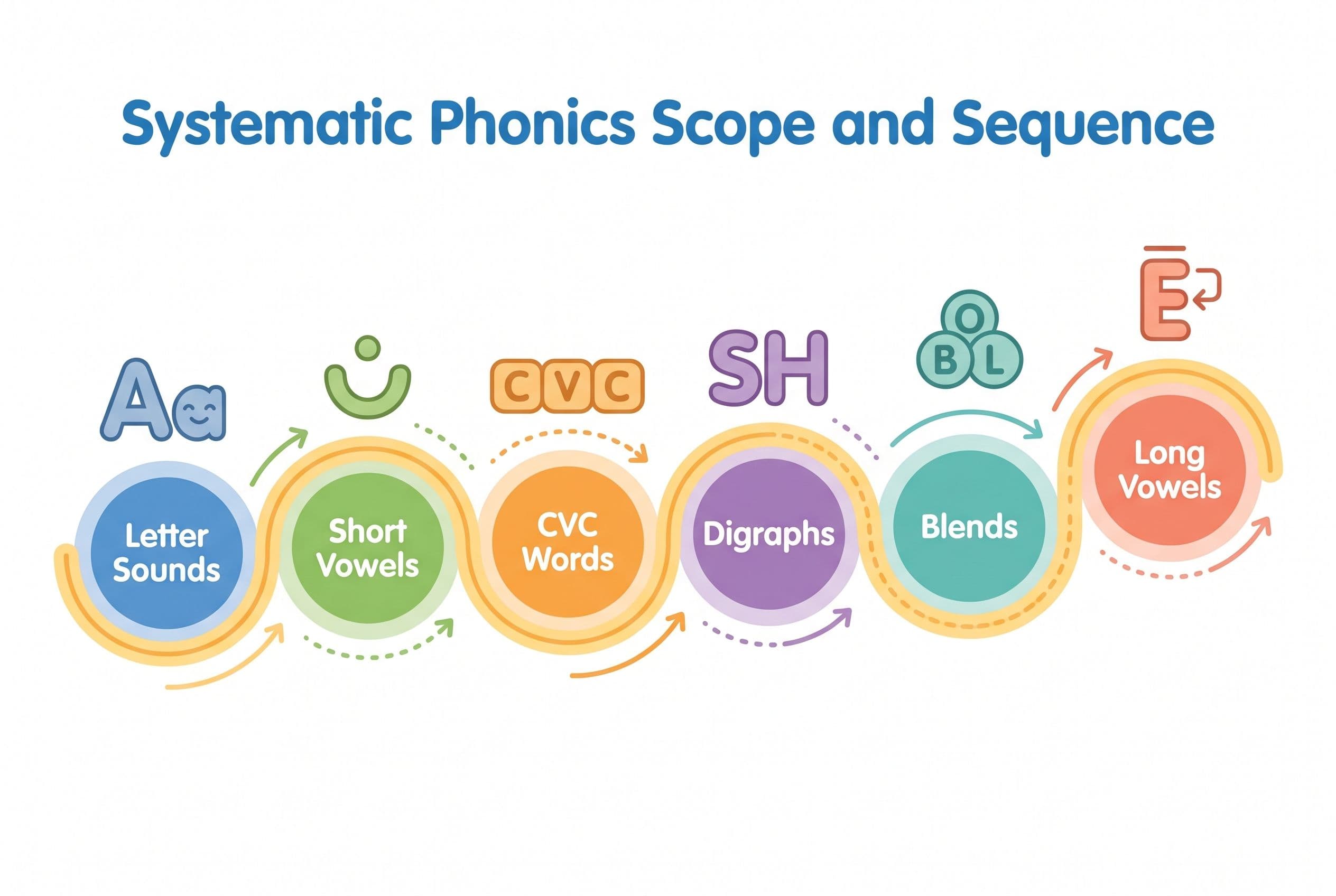 A clean, friendly editorial illustration showing a horizontal timeline path labeled 'Systematic Phonics Scope and Sequence' a