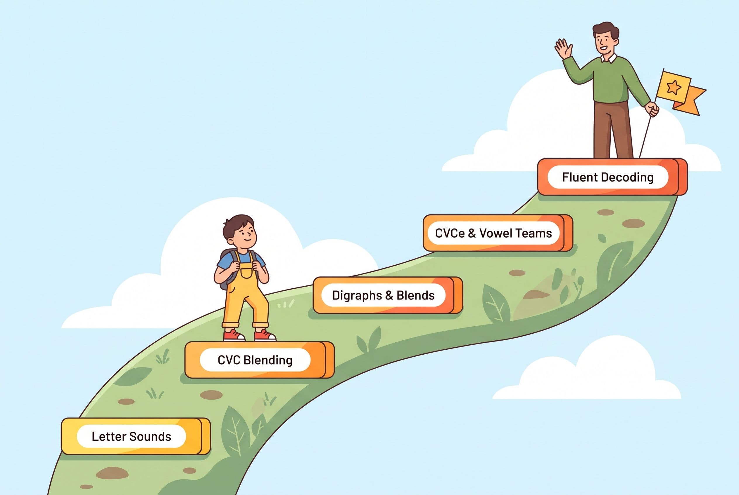 A friendly, clean editorial illustration showing a winding path climbing upward like a gentle staircase, representing a phoni