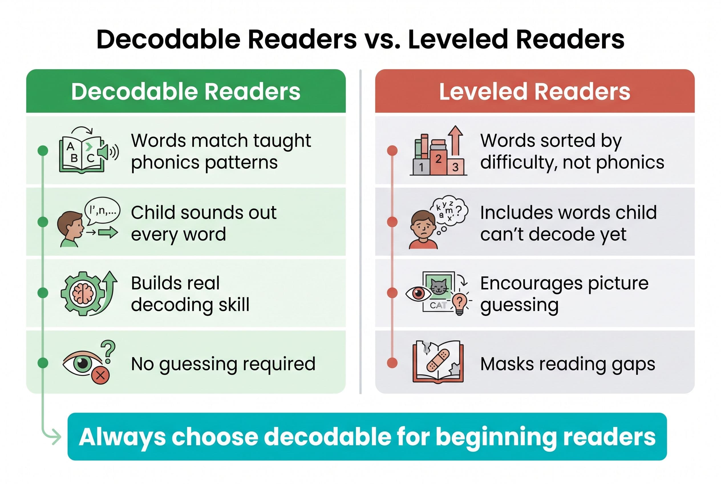A clean, modern comparison chart titled 'Decodable Readers vs. Leveled Readers' with two columns side by side. The left colum