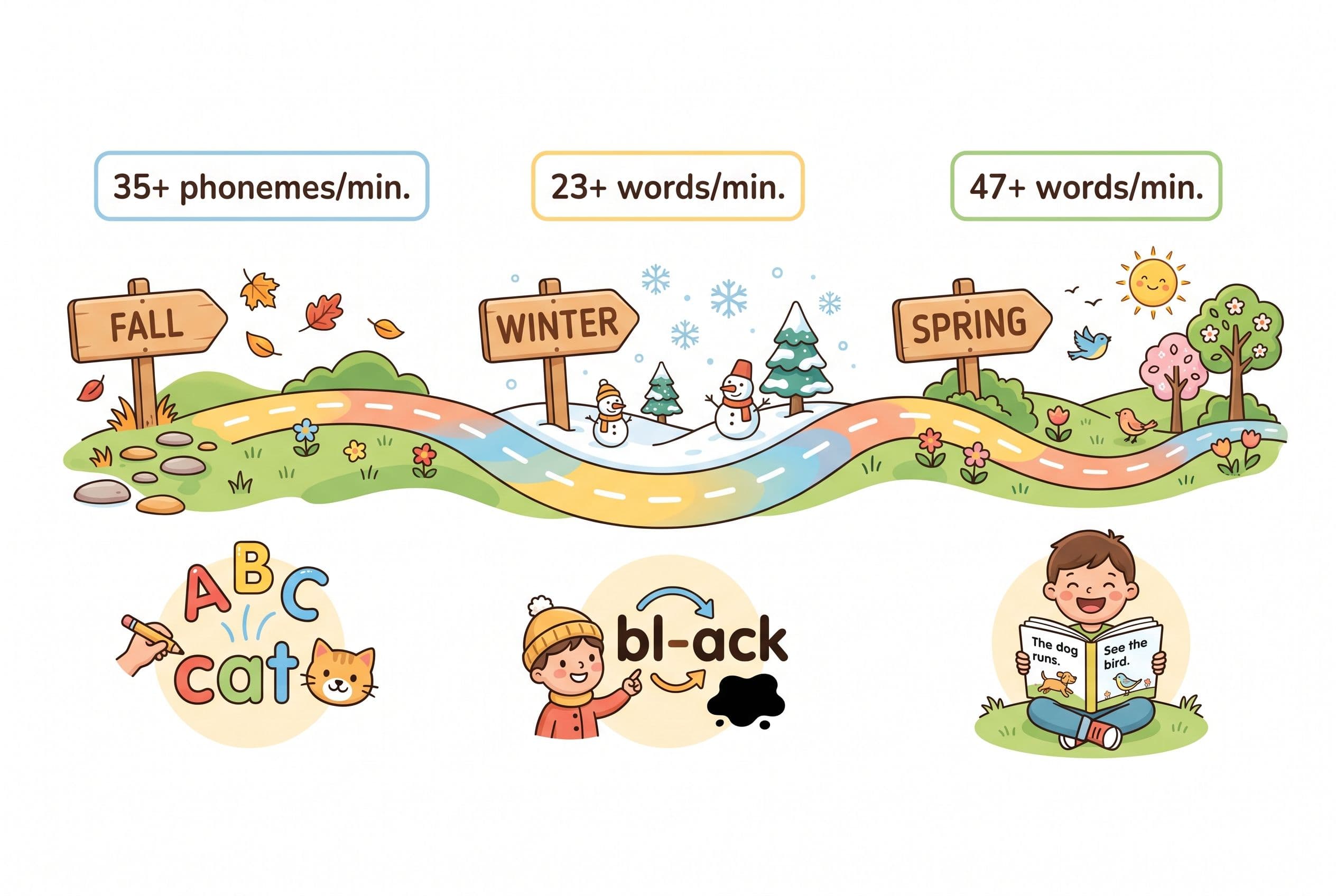 A clean, friendly editorial illustration showing a visual timeline of first grade reading milestones as a horizontal path fro