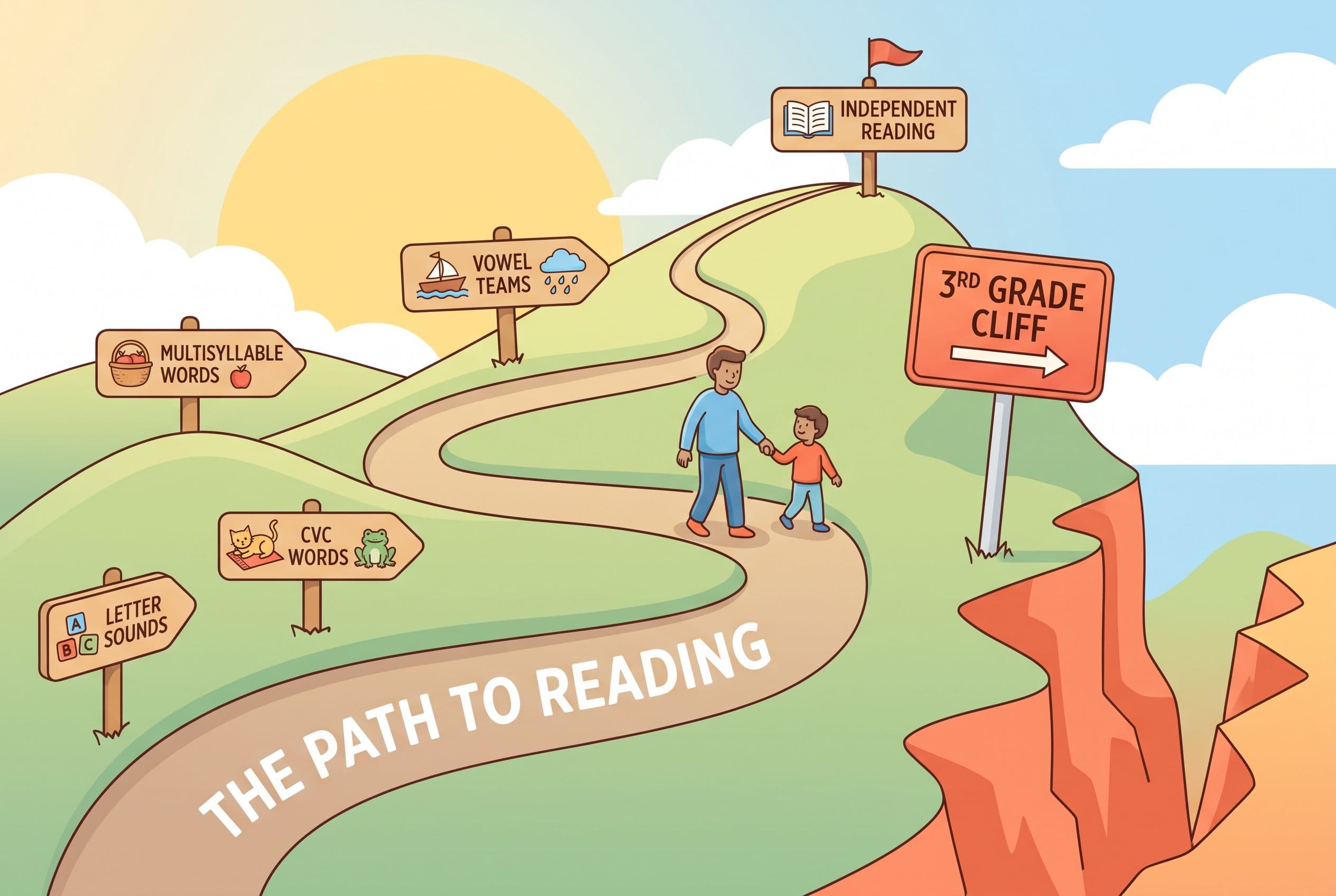 A clean, friendly editorial illustration showing a winding road labeled 'The Path to Reading' climbing upward from left to ri