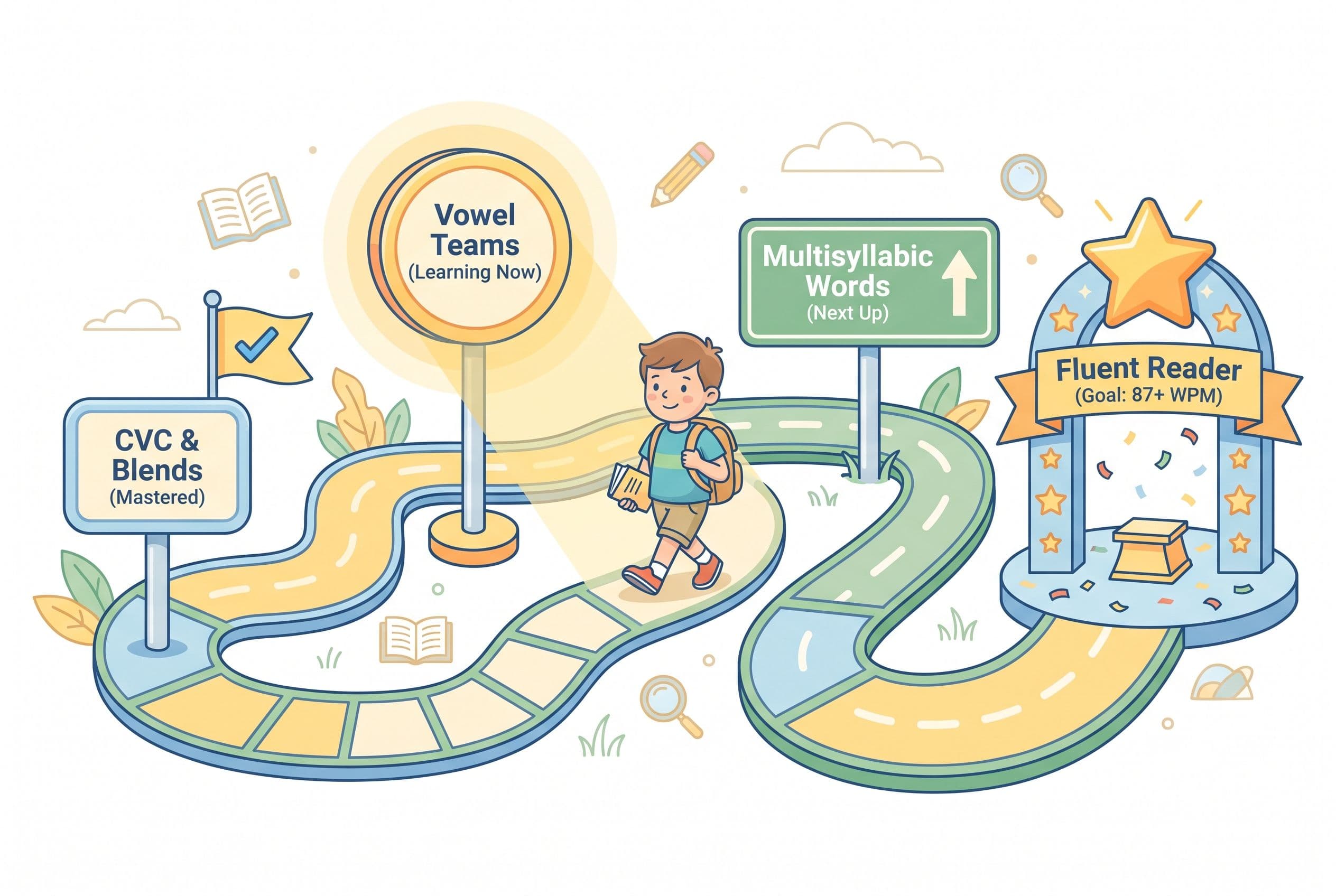 A clean, friendly editorial illustration showing a winding road-style reading progression for 2nd graders. The path moves fro