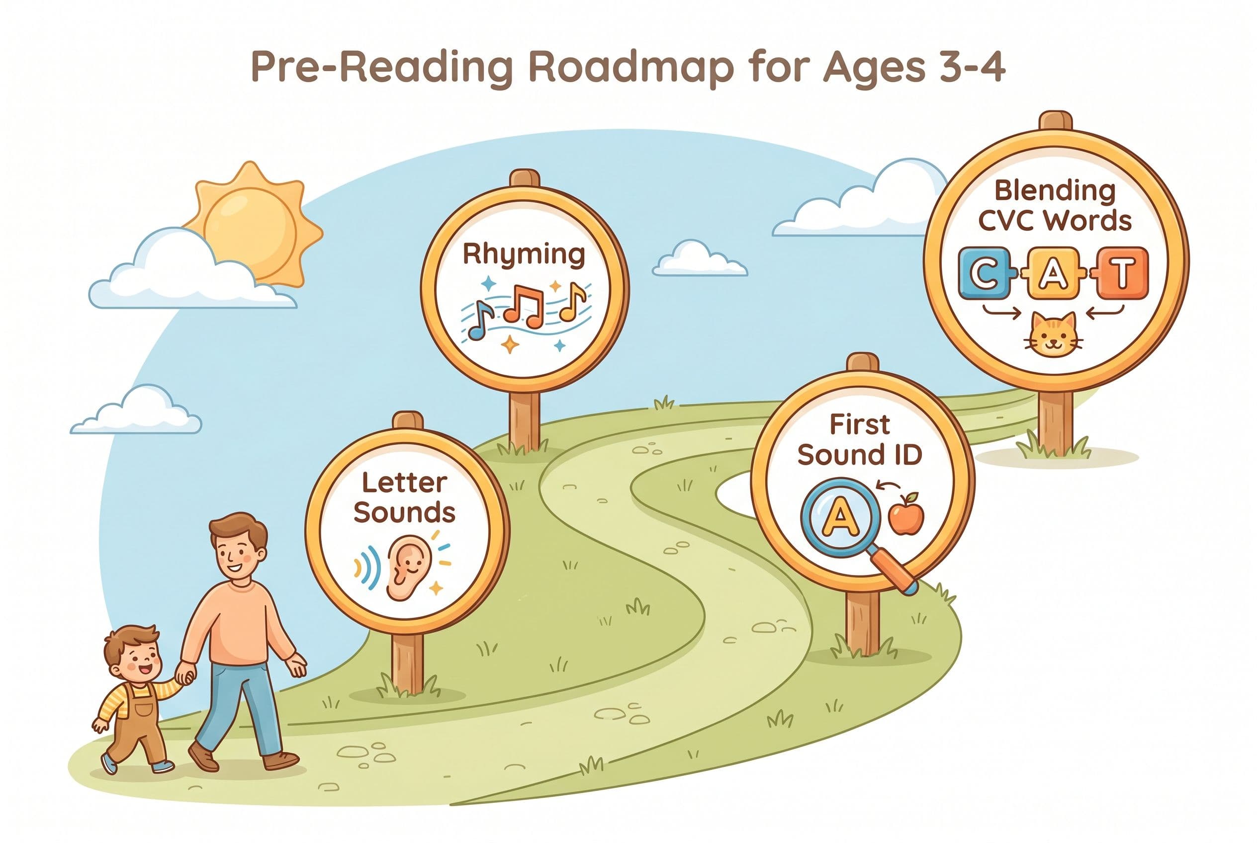 A clean, friendly editorial illustration showing a winding path styled as a 'Pre-Reading Roadmap for Ages 3-4.' The path curv