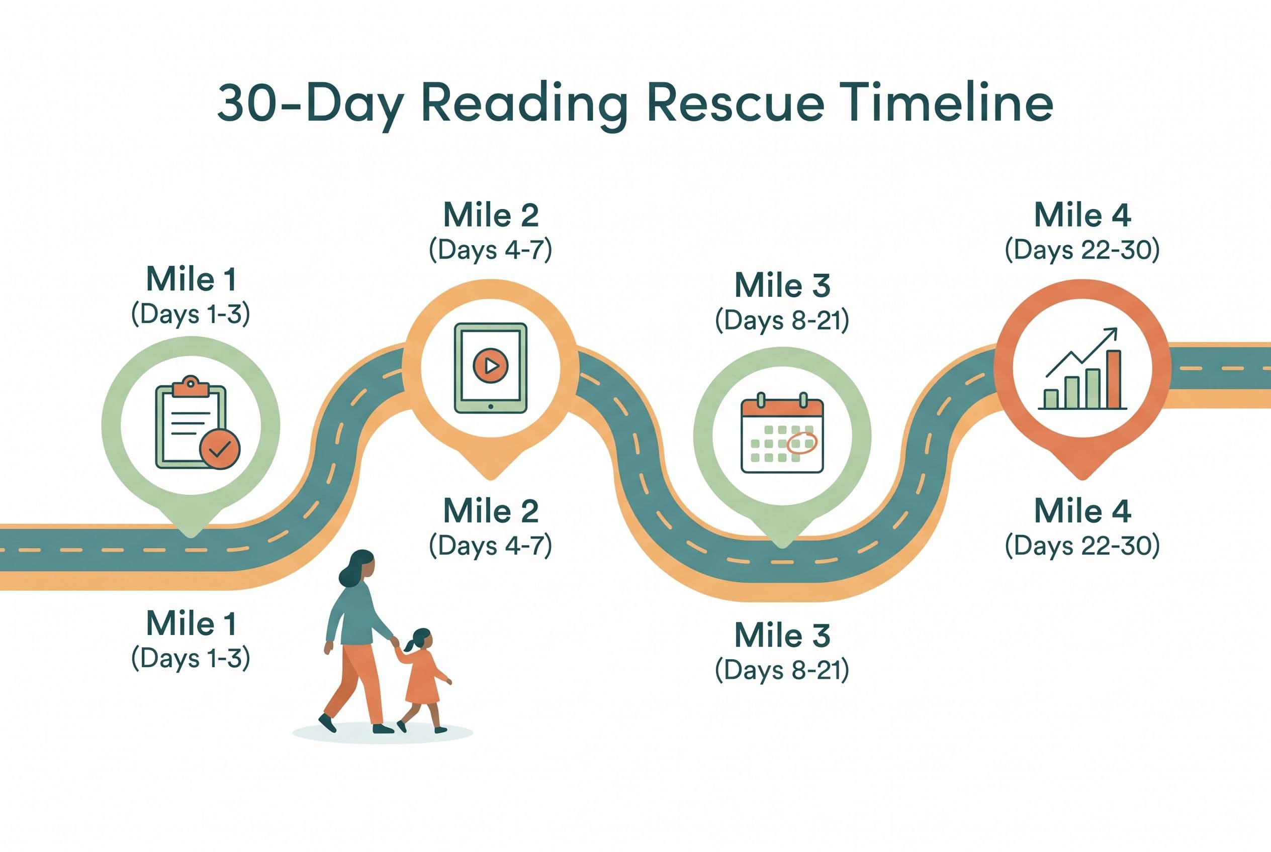 A clean editorial illustration showing a '30-Day Reading Rescue Timeline' as a horizontal road with four labeled mile markers