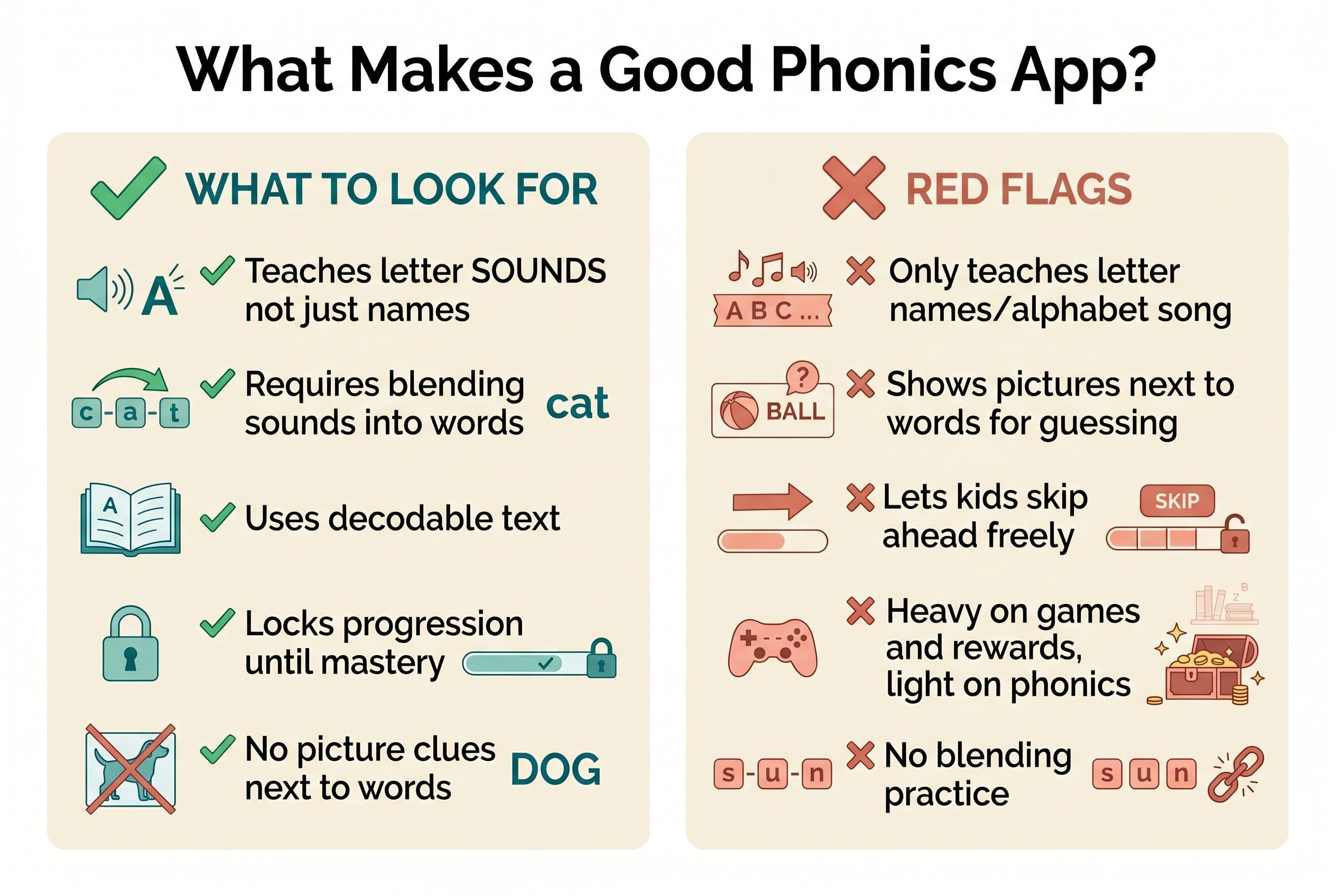 A clean, modern comparison chart titled 'What Makes a Good Phonics App?' showing two columns: 'What to Look For' (with green