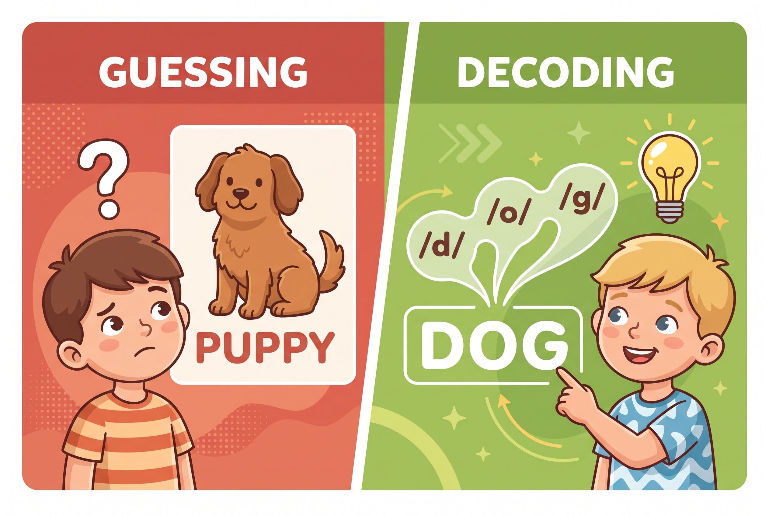 A friendly, clean editorial illustration showing the concept of 'guessing vs. decoding.' Split into two halves. Left half (mu
