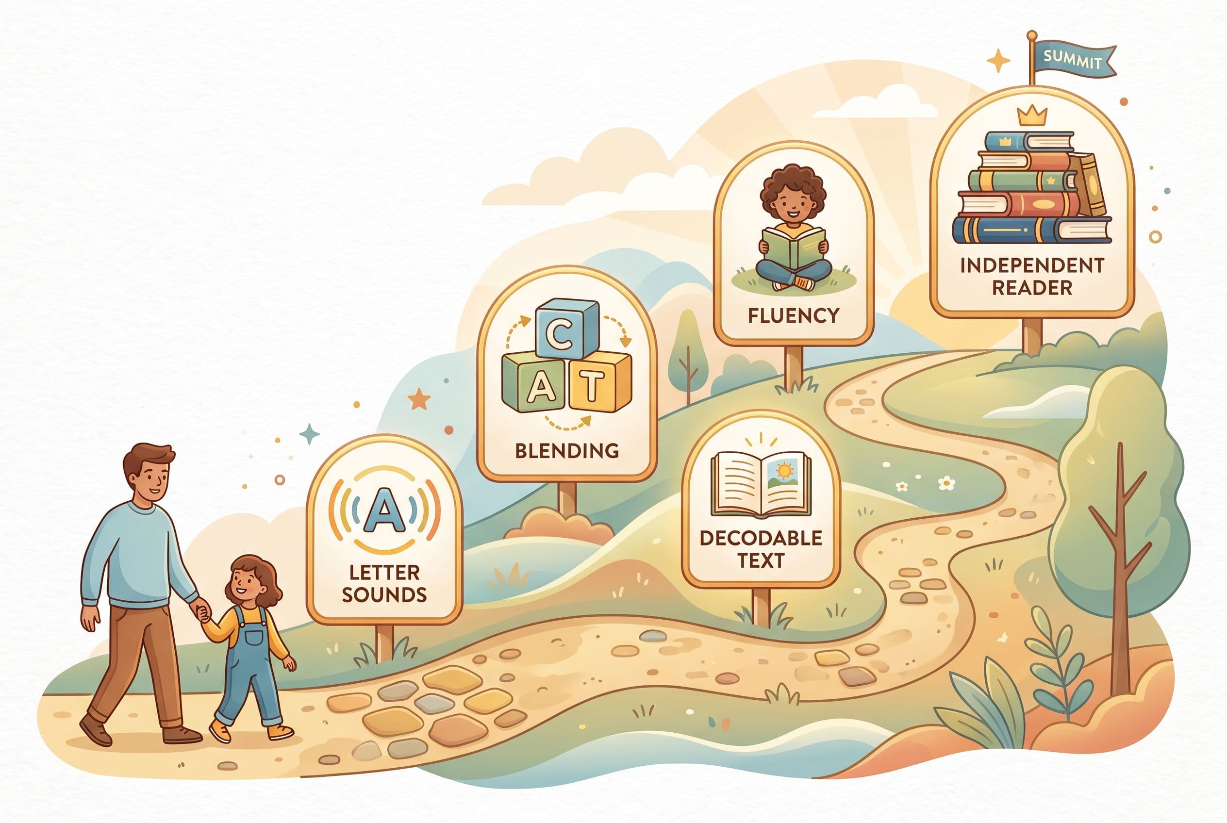 A clean, friendly editorial illustration showing a winding 'reading journey' path from bottom-left to top-right. Along the pa
