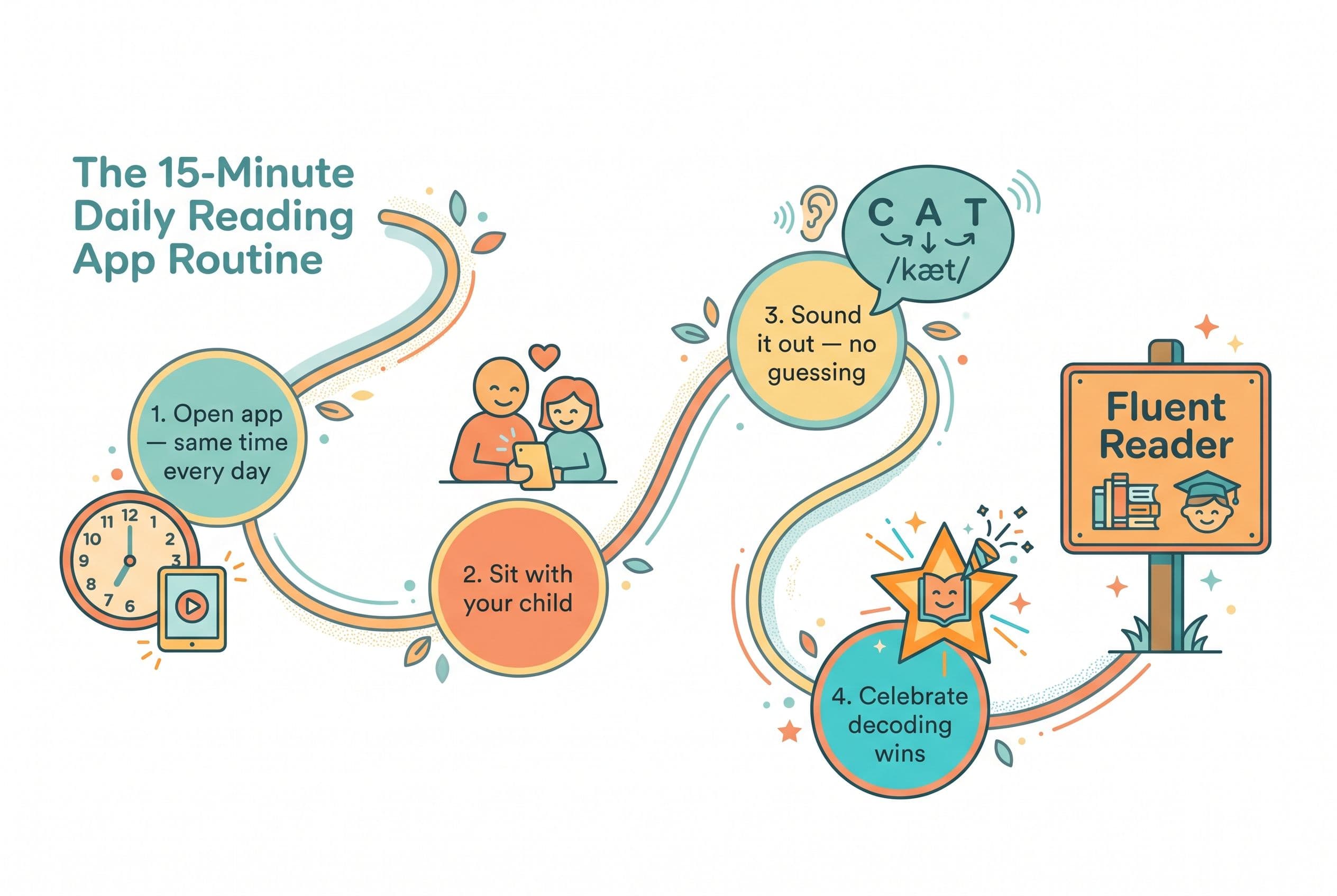 A clean, friendly editorial illustration depicting a visual timeline path showing 'The 15-Minute Daily Reading App Routine.'