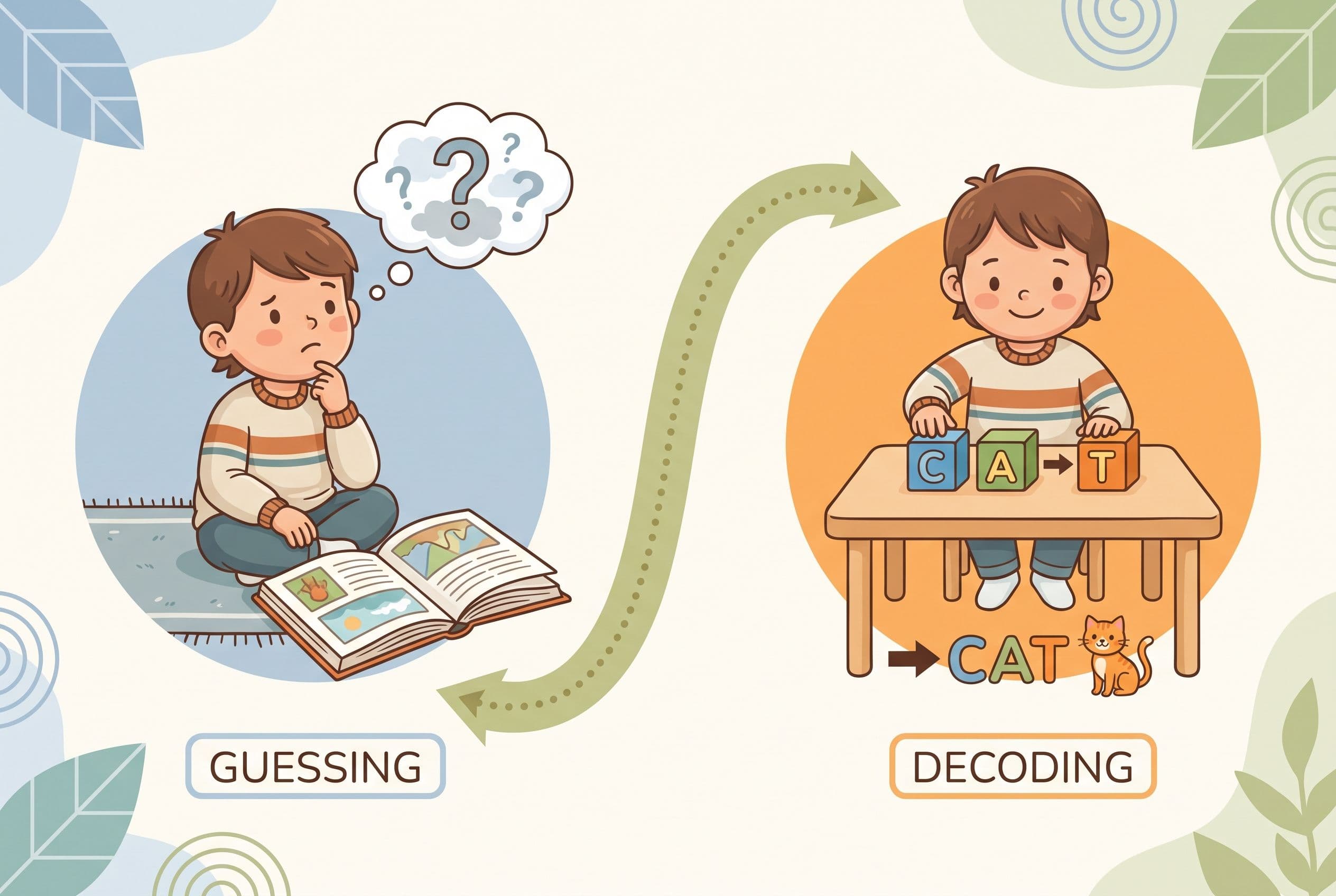 A clean editorial illustration showing a child moving from guessing to decoding on a simple reading path. On the left, an ill