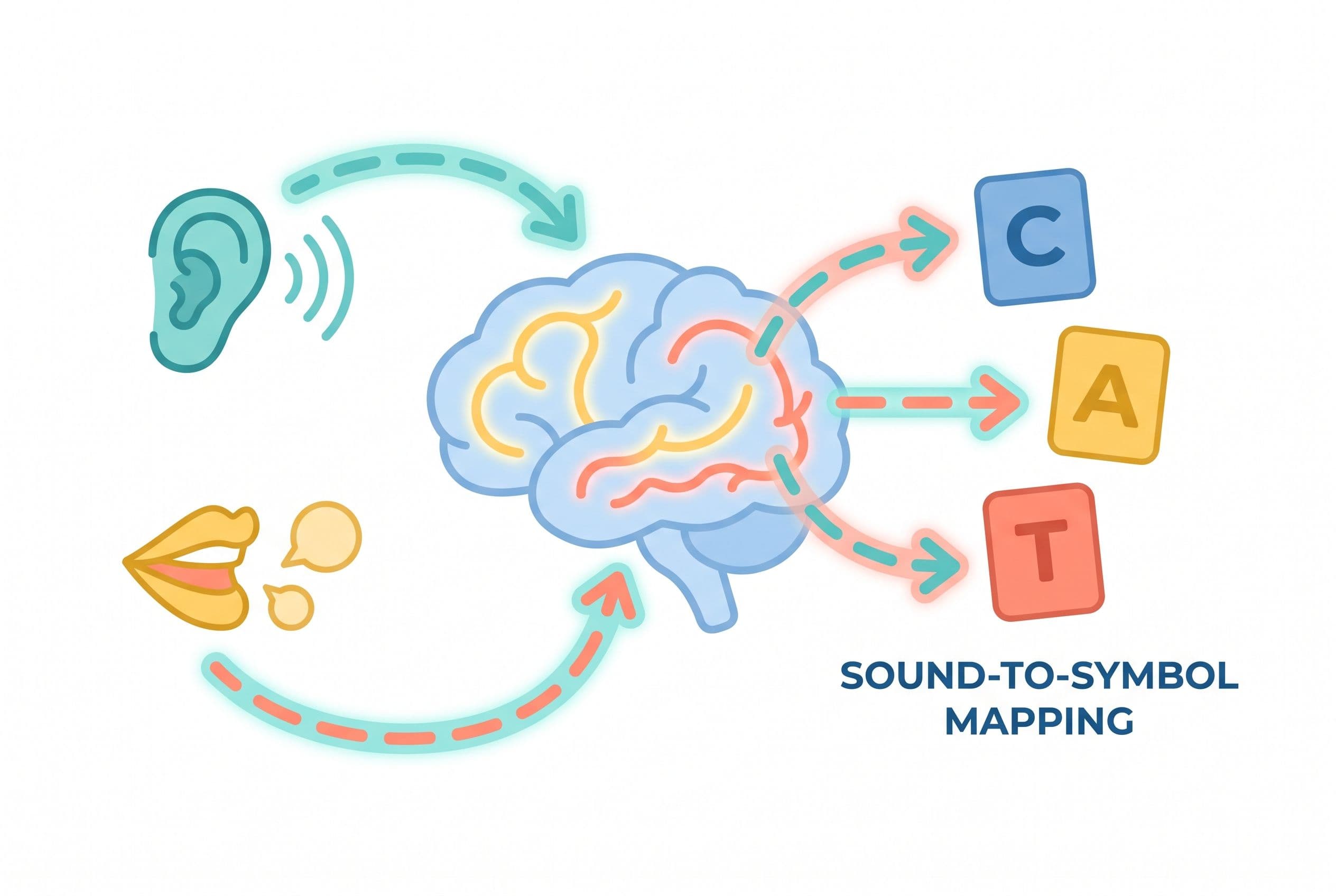 A clean editorial illustration showing a child’s brain connecting spoken sounds to printed letter tiles, with three tiles rep