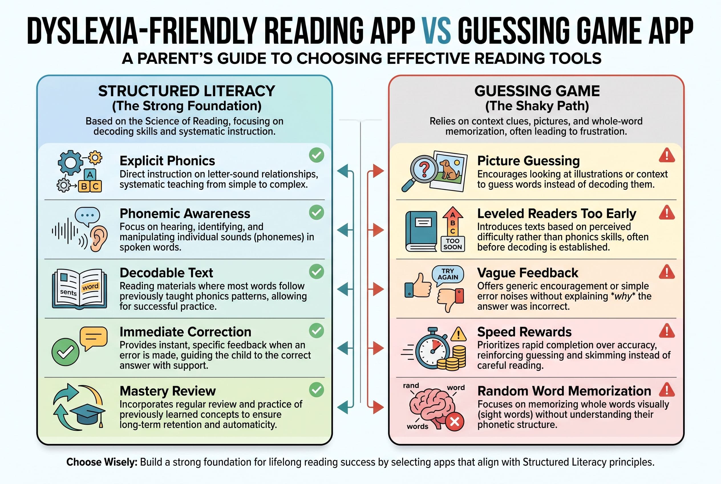 A clean side-by-side comparison chart titled “Dyslexia-Friendly Reading App vs Guessing Game App.” The left column lists stru