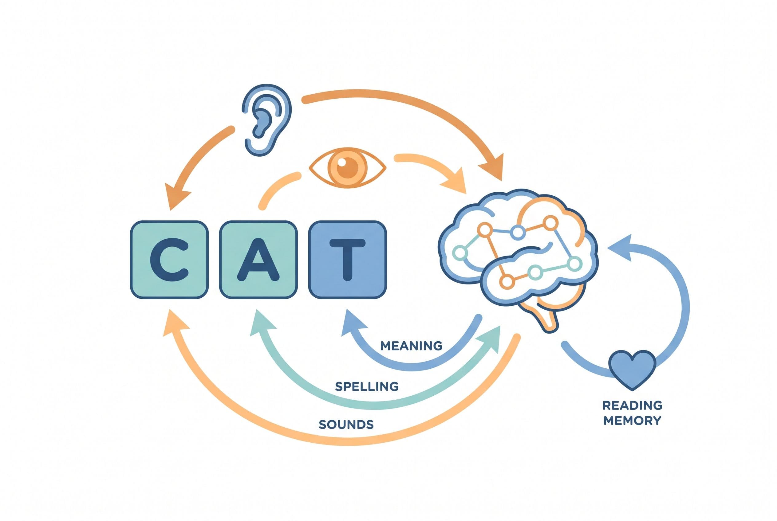 A clean editorial illustration showing orthographic mapping as three connected parts: ear for sounds, eyes for letters, and a