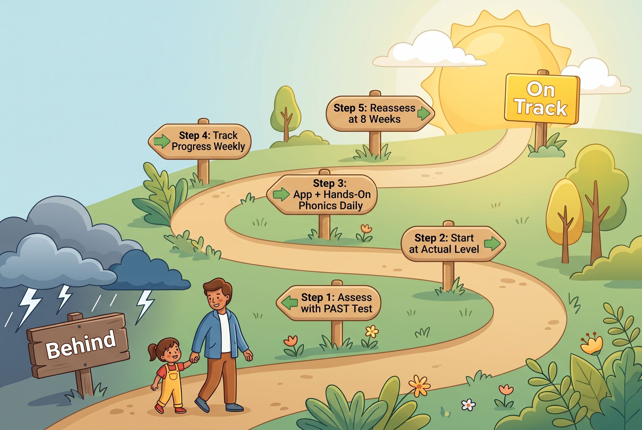 A clean, friendly editorial illustration showing a winding upward path representing a 7-year-old's reading catch-up journey.