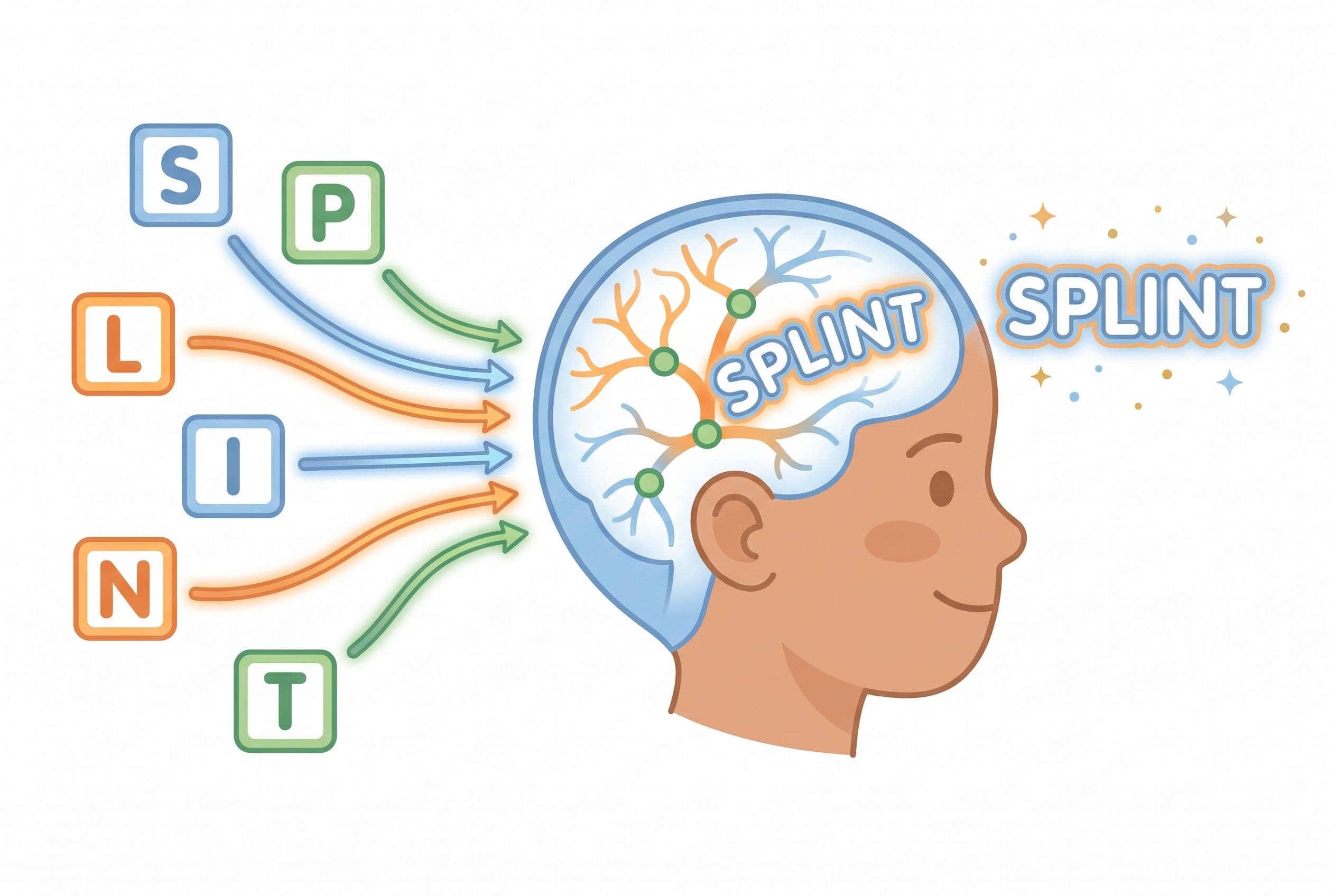 A cheerful, clean editorial illustration showing a child's brain being 'trained' to read. On the left side, individual letter