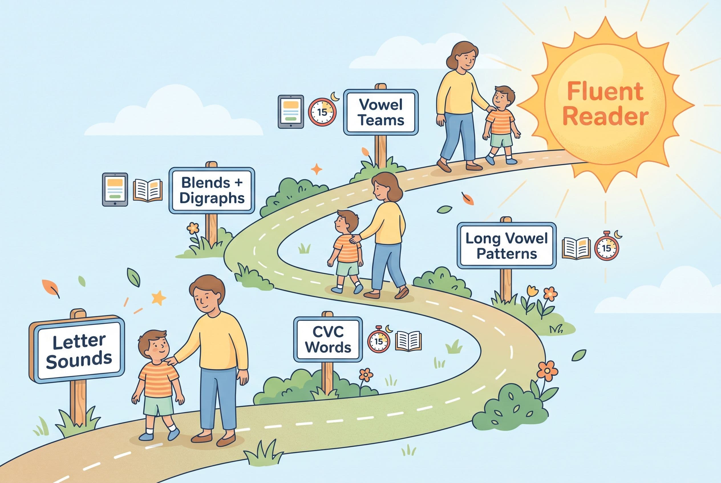 A clean, friendly editorial illustration showing a winding upward path representing a struggling reader's catch-up journey. T