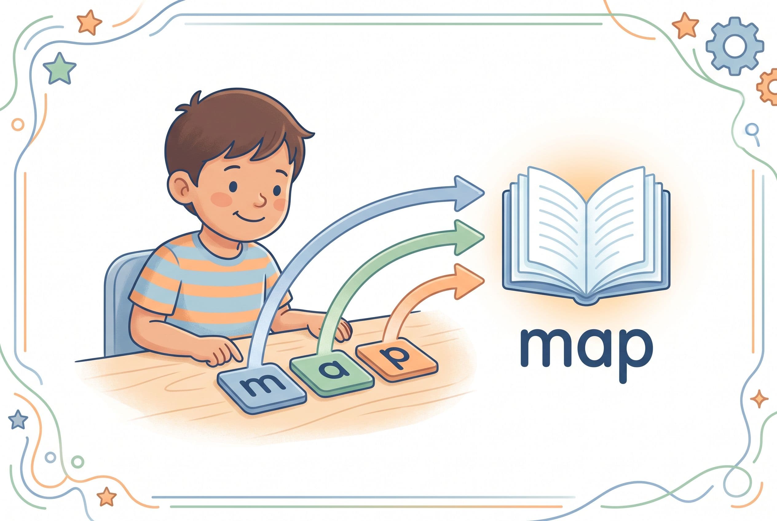 A clean editorial illustration showing a child blending the word “map” from three letter tiles into one readable word. Curved