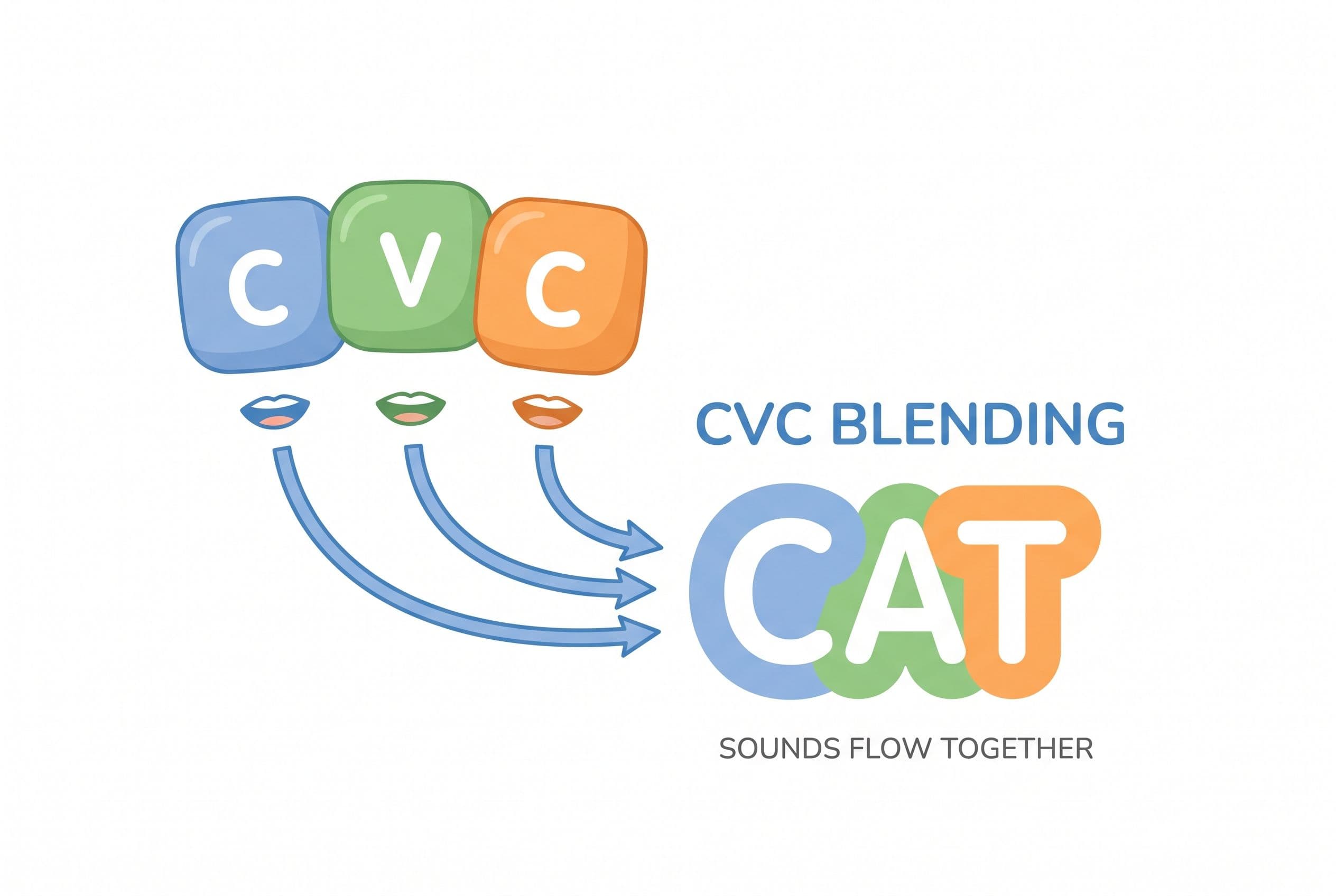 A clean editorial illustration showing CVC blending as three colorful blocks labeled C, V, and C moving together into one sim