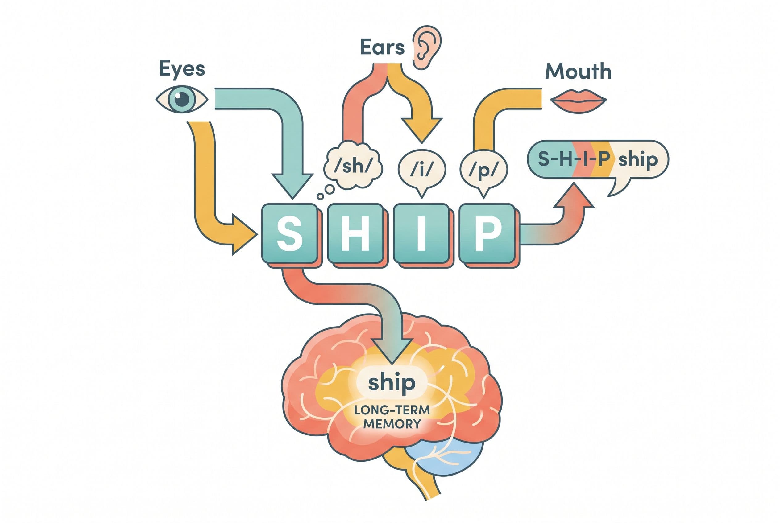 A clean, friendly editorial illustration depicting the concept of orthographic mapping for a dyslexic learner. The scene show