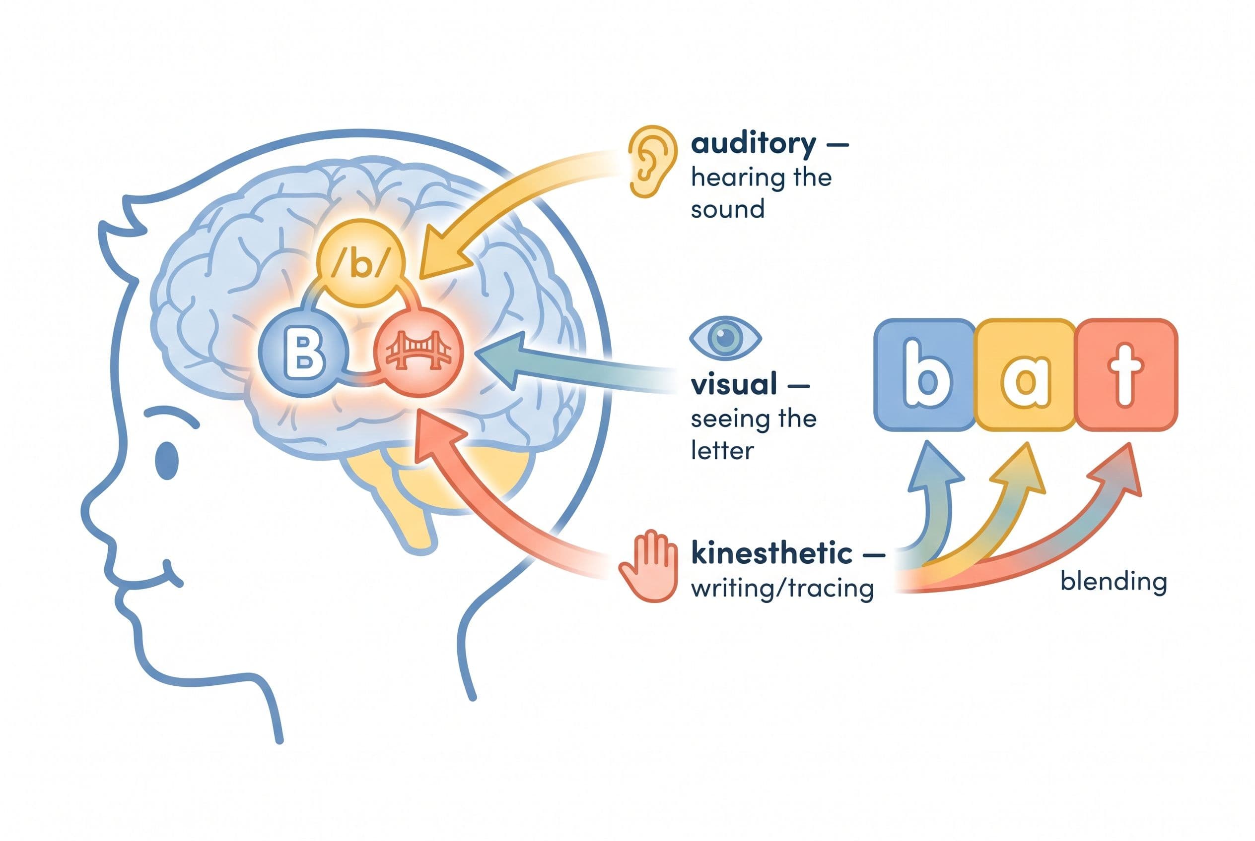 A friendly, clean editorial illustration showing the concept of 'orthographic mapping' for a dyslexic brain. On the left side