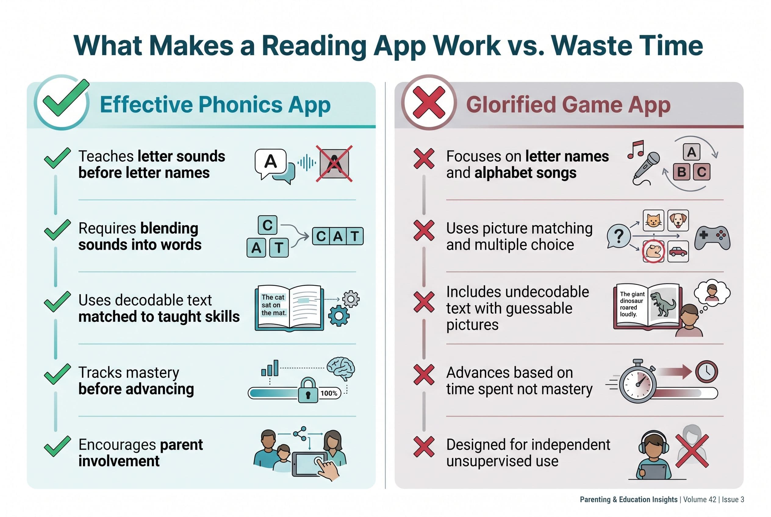 A clean, modern comparison chart titled 'What Makes a Reading App Work vs. Waste Time' with two columns. Left column labeled