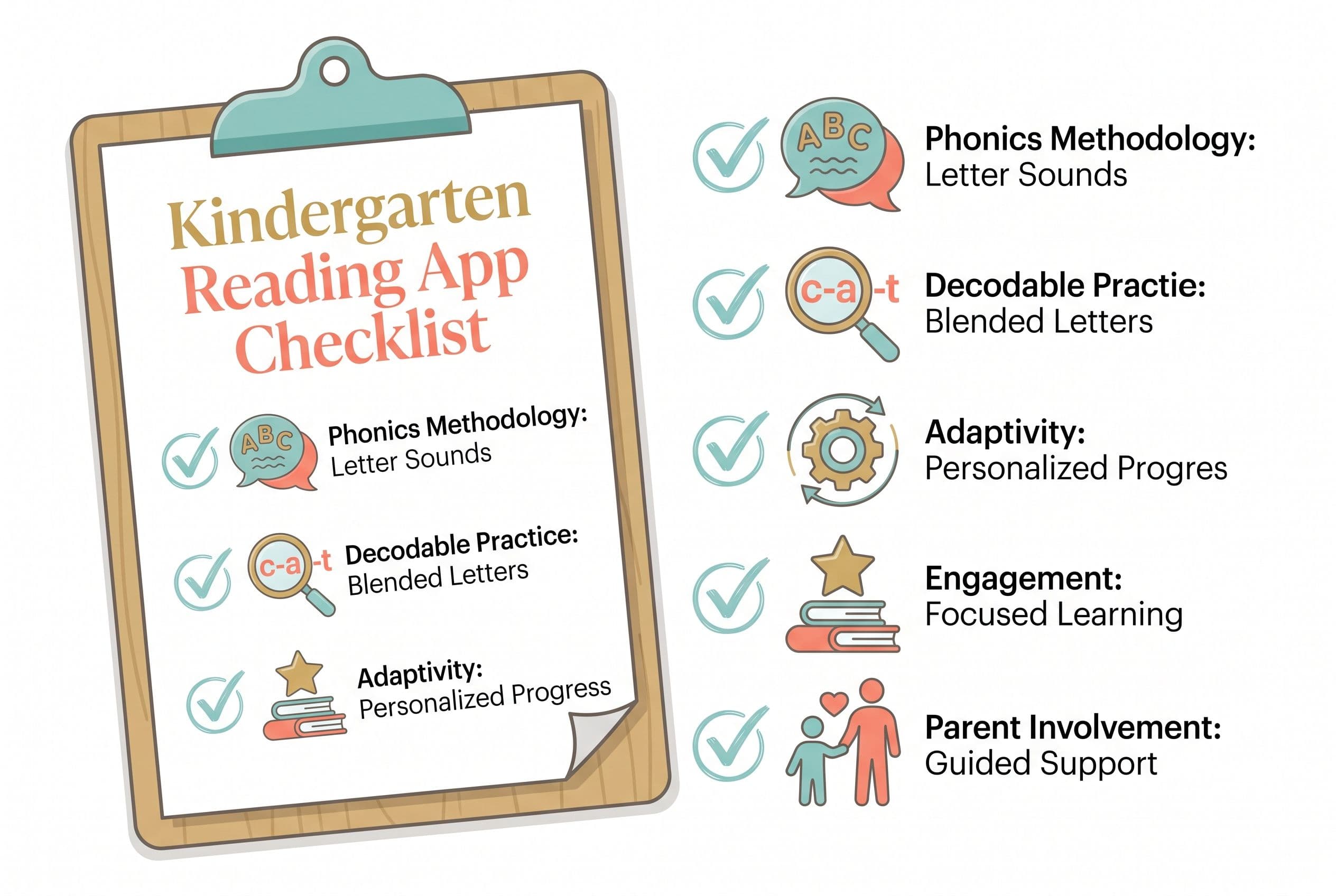 A clean, friendly editorial illustration showing a 'kindergarten reading app checklist' as a clipboard with five items. Each