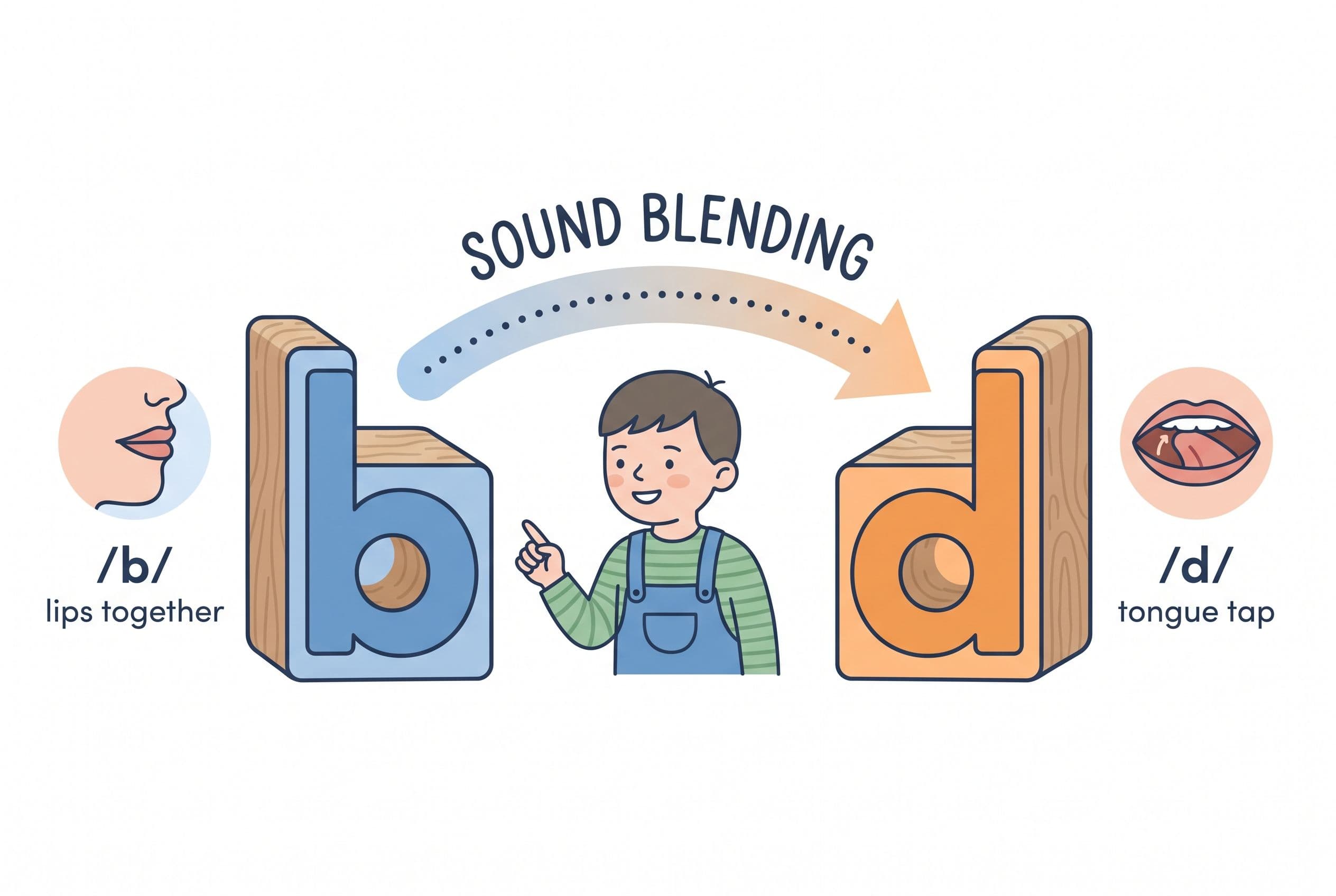 A clean educational illustration showing b and d reversal help through mouth-sound mapping. Two large letter blocks, b and d,