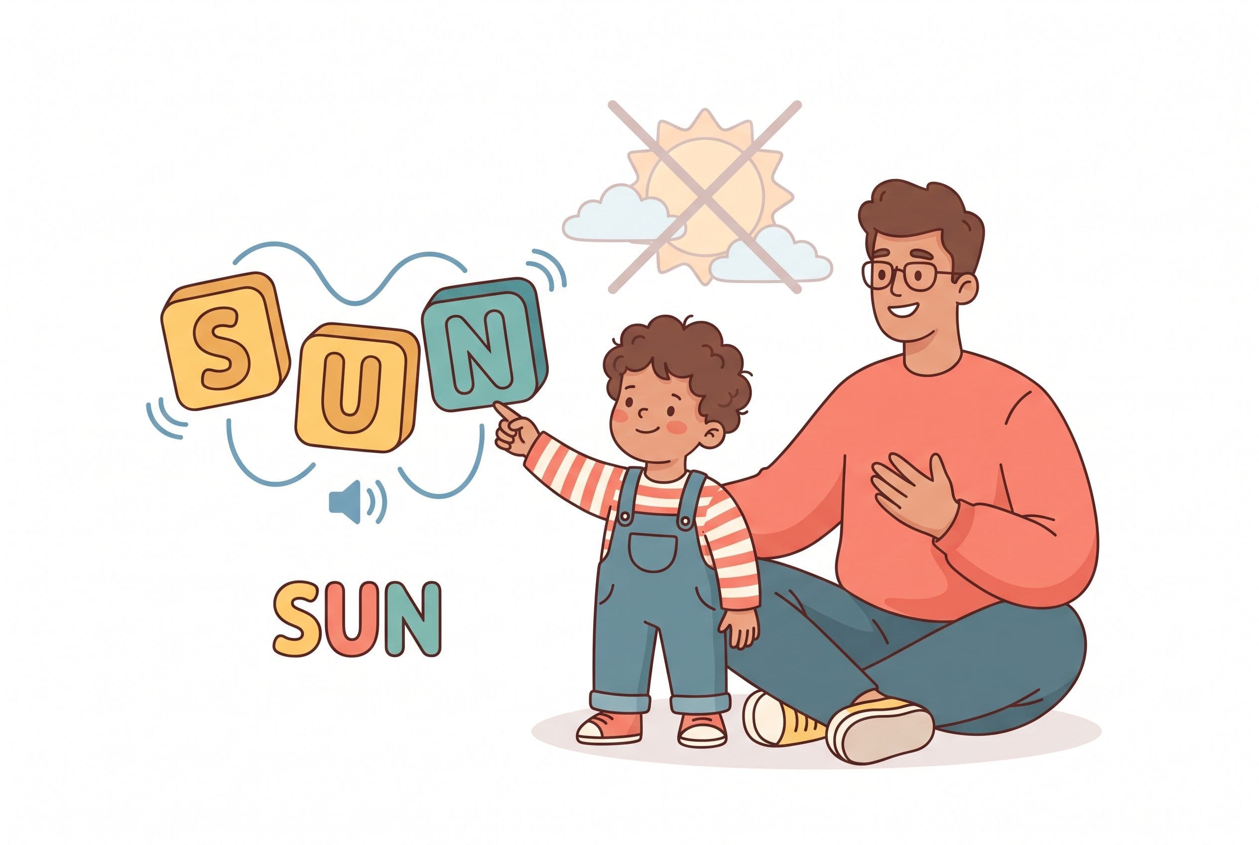 A friendly editorial illustration showing a preschool child decoding the word “sun” with three bright letter blocks labeled S