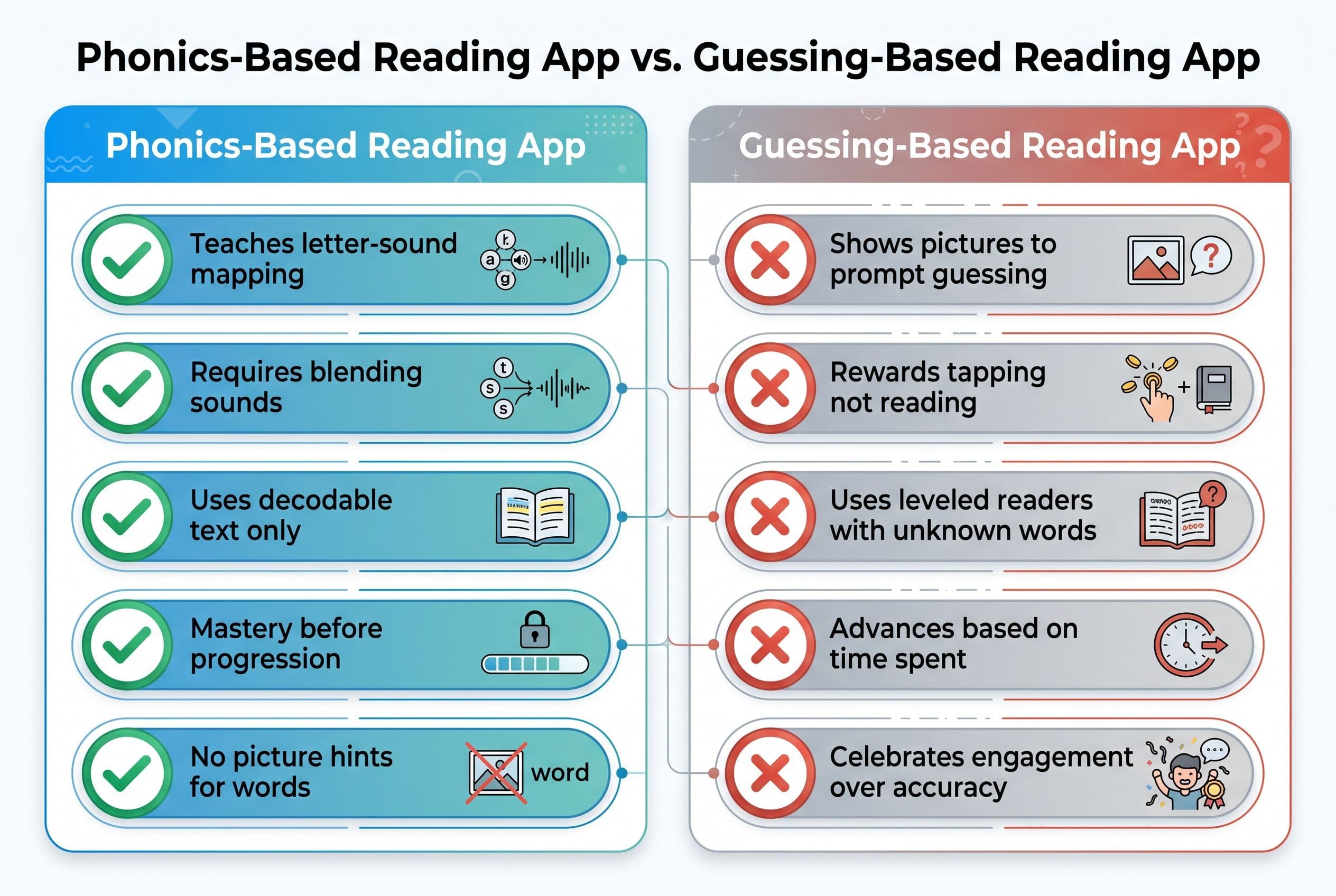 A clean, modern side-by-side comparison chart titled at the top with two columns: 'Phonics-Based Reading App' on the left and