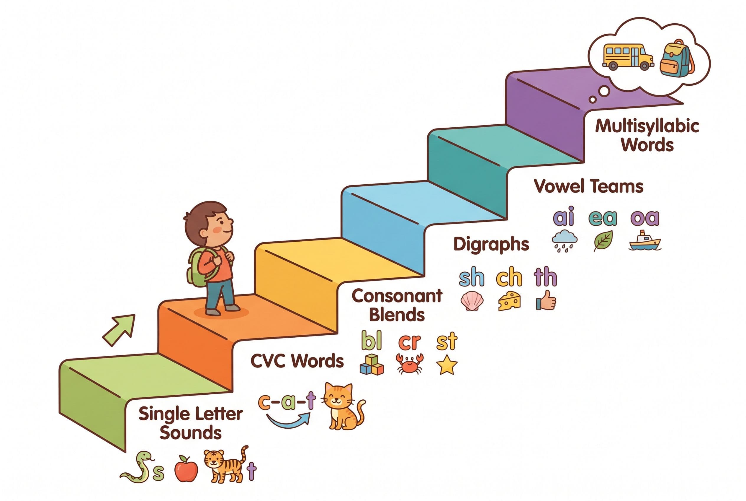 A friendly, clean editorial illustration depicting the concept of systematic phonics progression as a staircase going upward