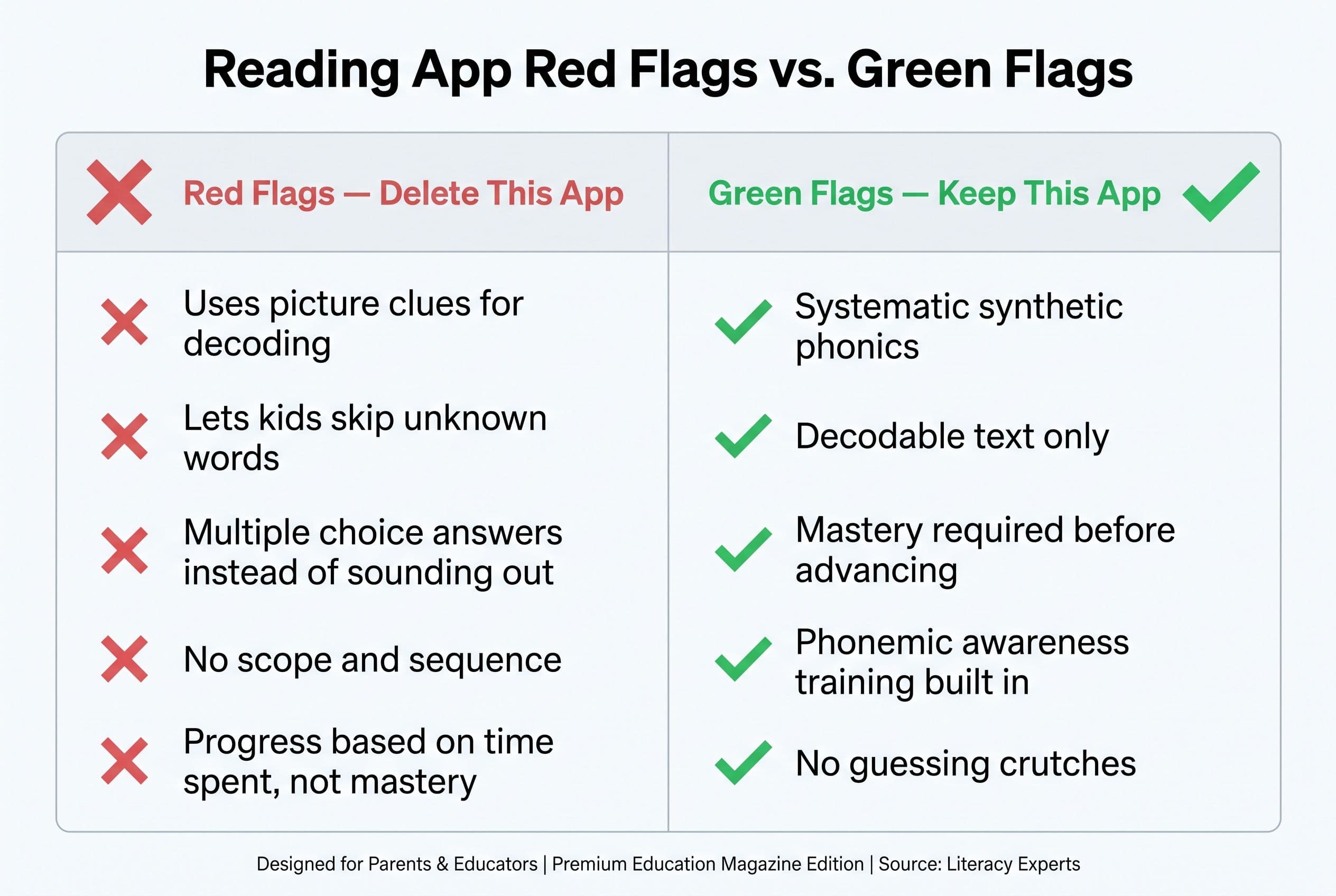 A clean, modern comparison chart titled 'Reading App Red Flags vs. Green Flags.' Two columns side by side. The left column, l